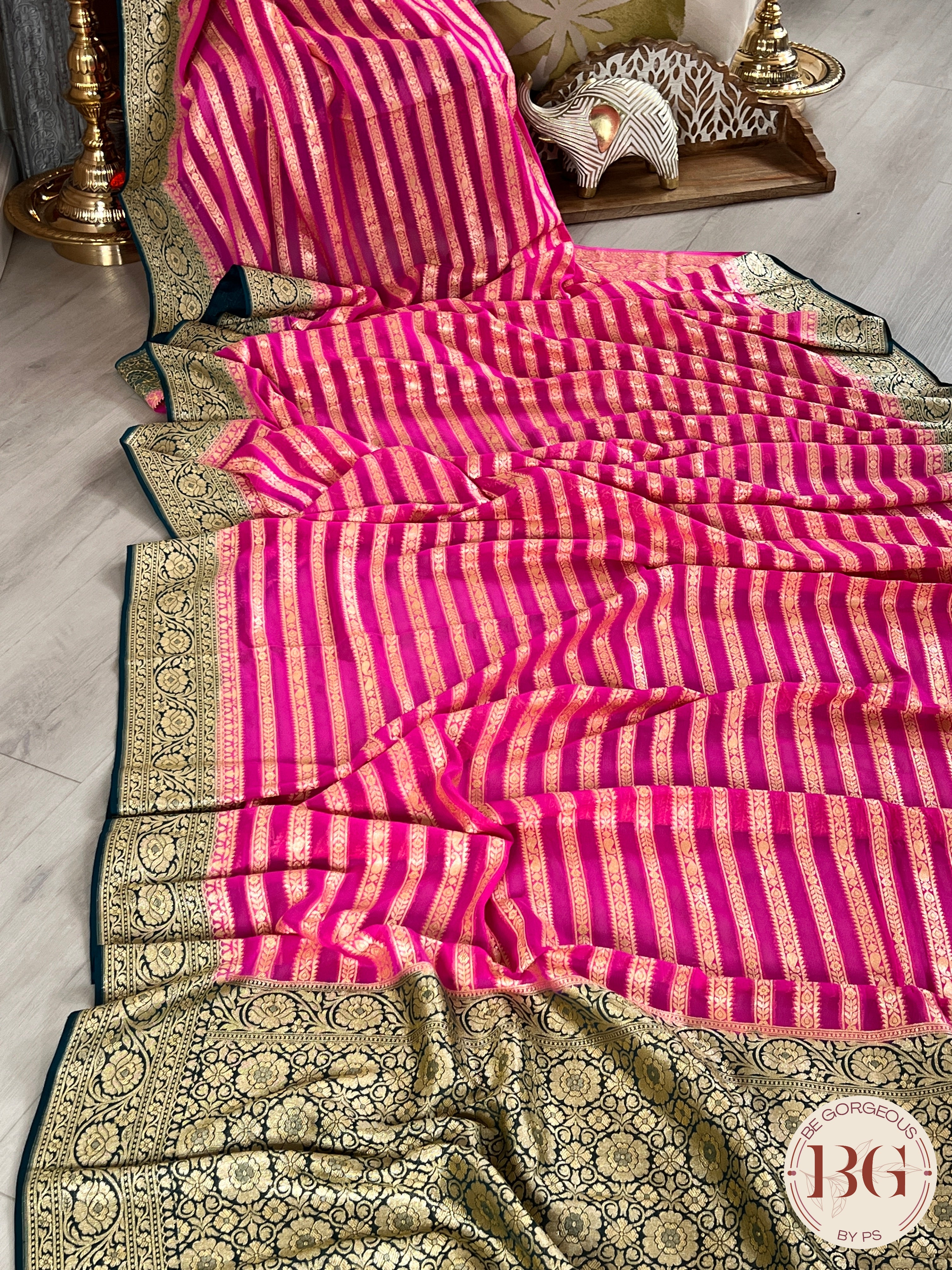 Banarasi Khaddi georgette silk weaved saree stripes, silmark certified - Pink