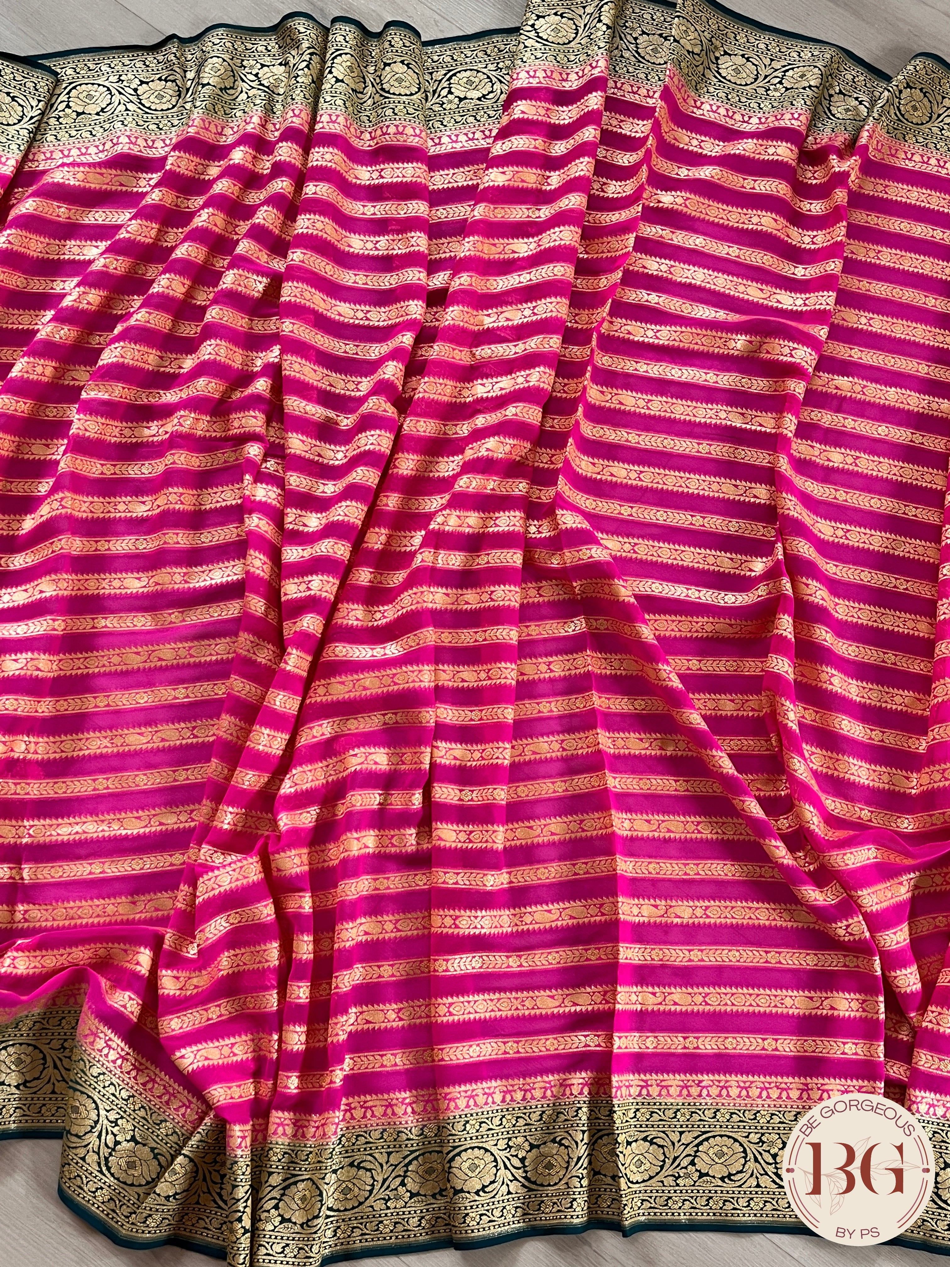 Banarasi Khaddi georgette silk weaved saree stripes, silmark certified - Pink