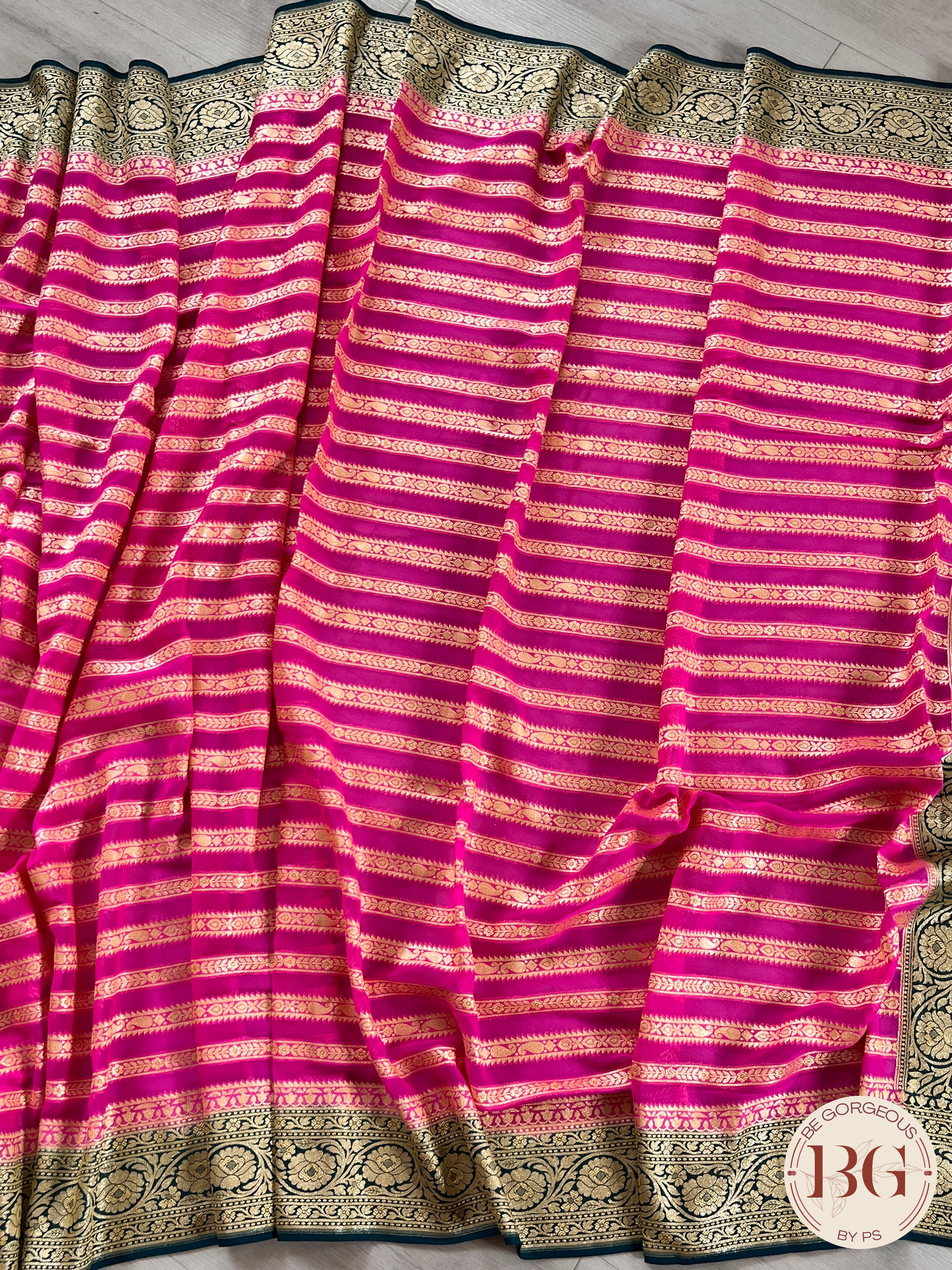 Banarasi Khaddi georgette silk weaved saree stripes, silmark certified - Pink