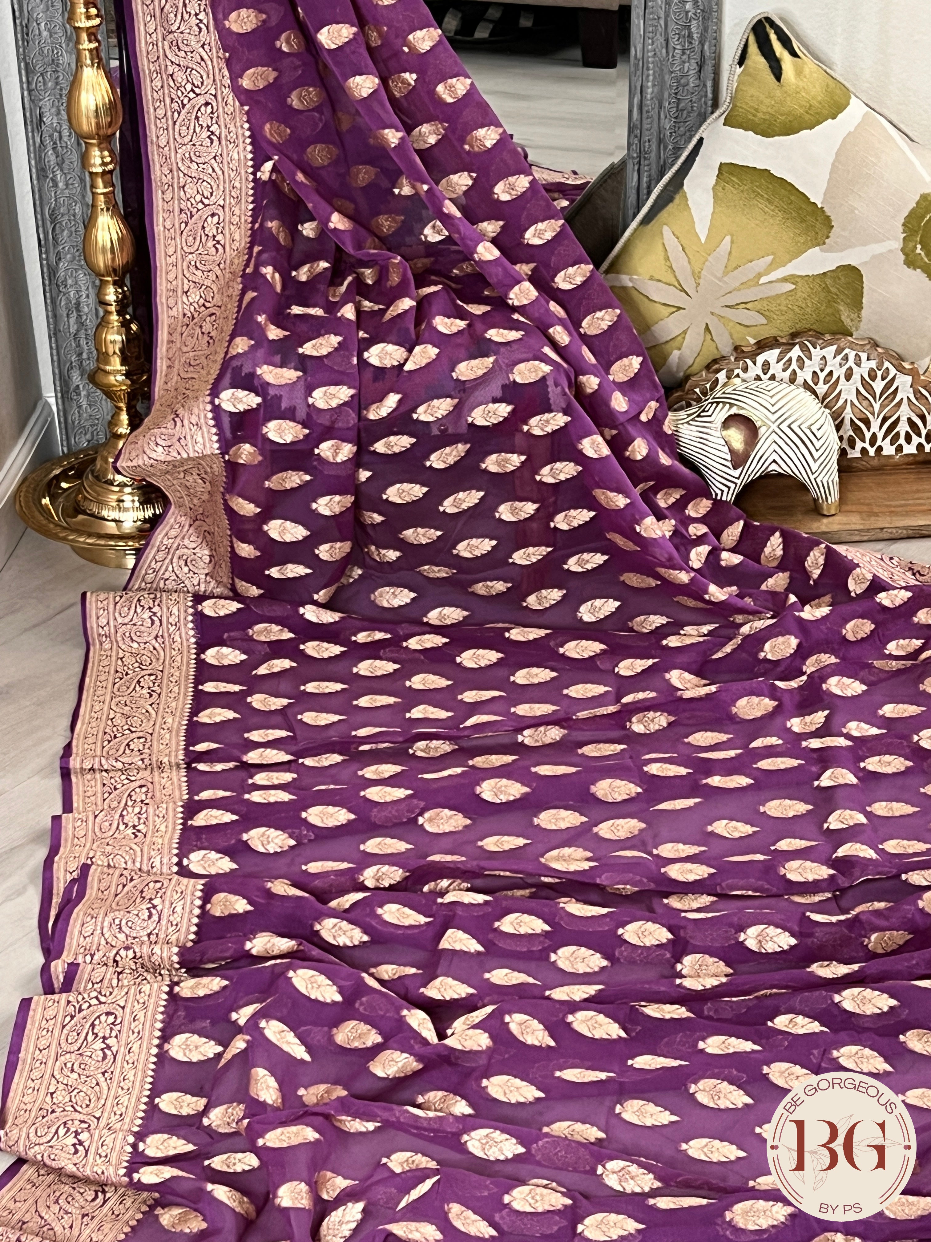 Banarasi Khaddi georgette silk weaved saree, silmark certified - Purple buttas