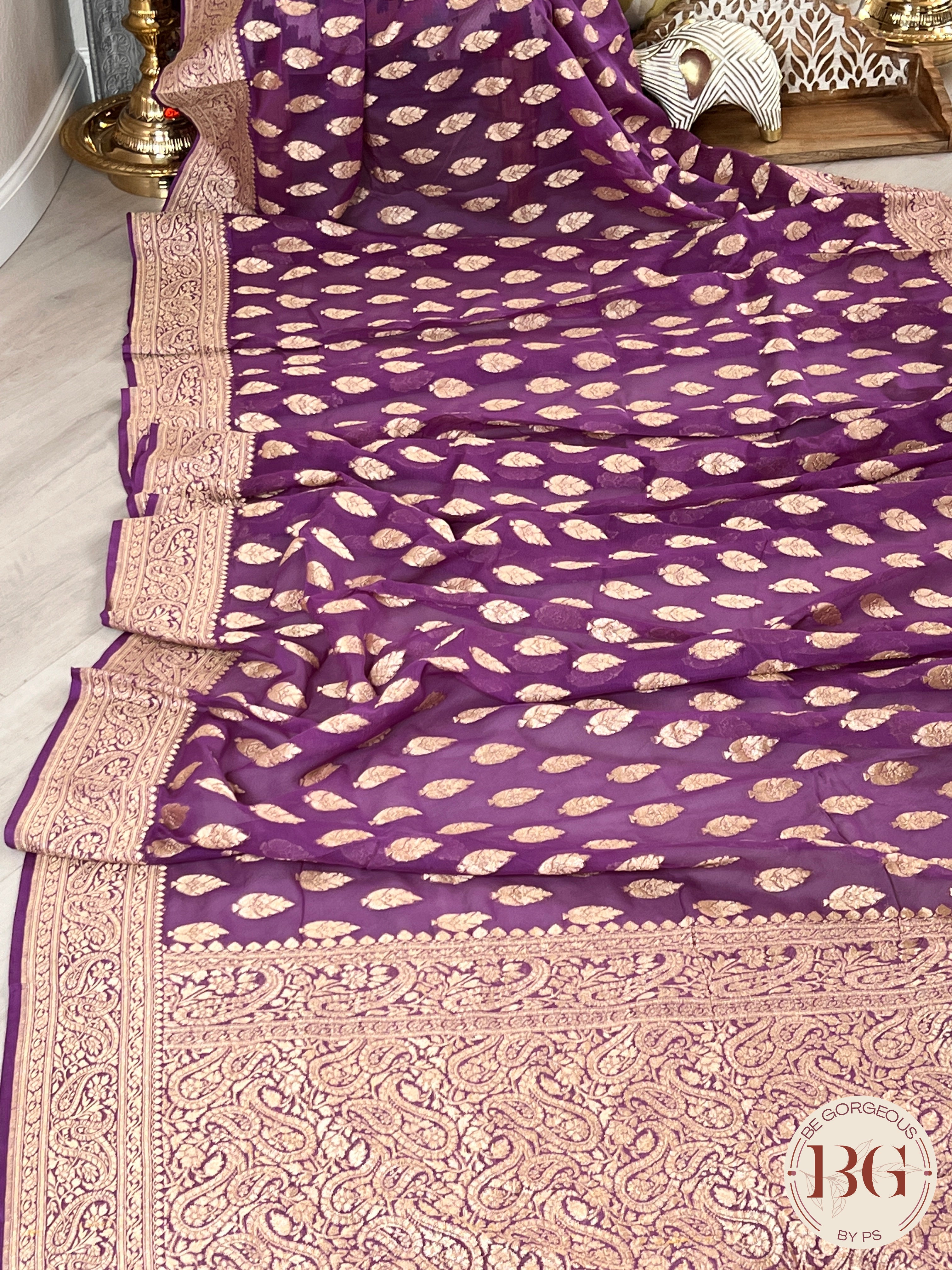 Banarasi Khaddi georgette silk weaved saree, silmark certified - Purple buttas