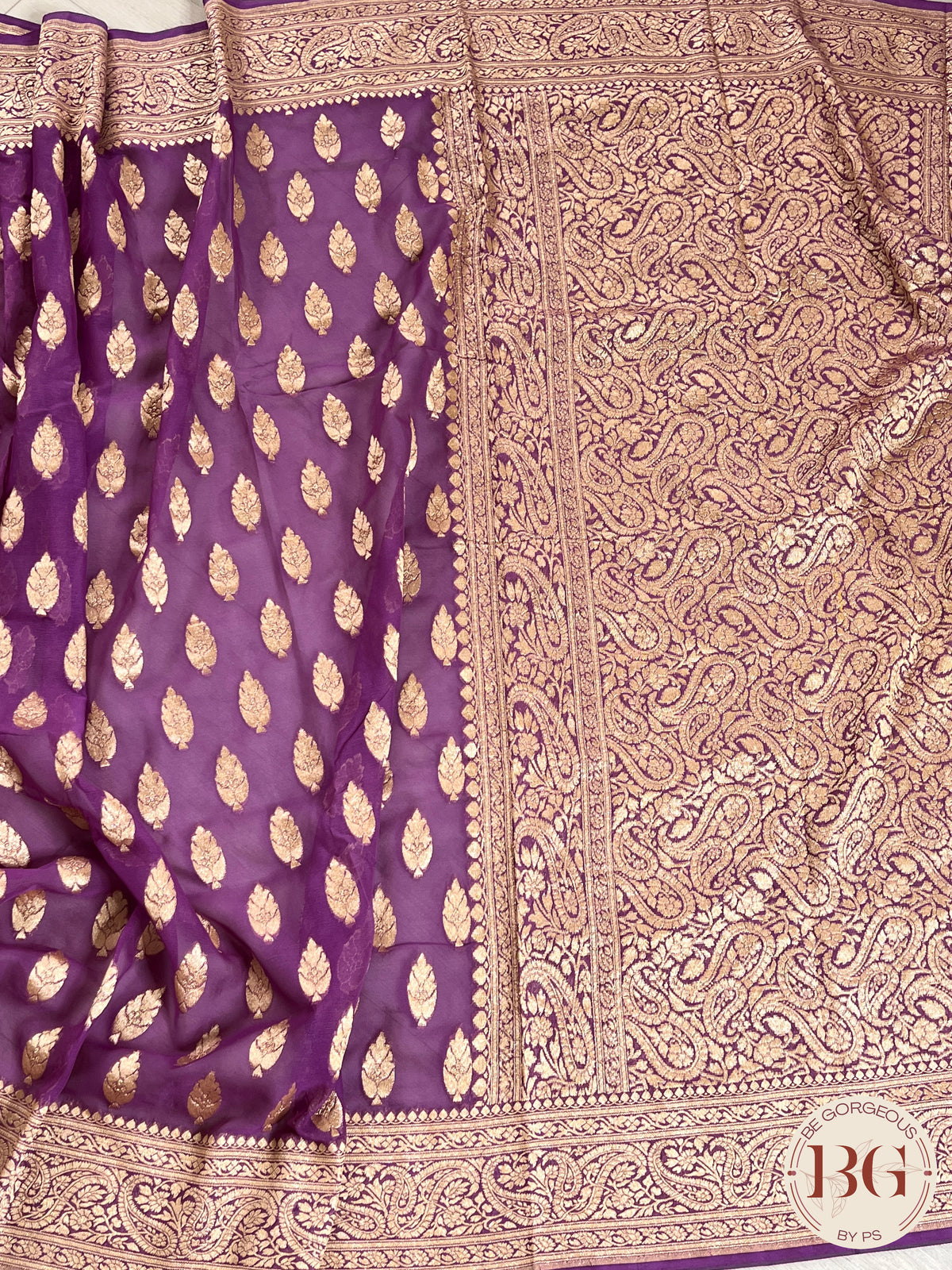 Banarasi Khaddi georgette silk weaved saree, silmark certified - Purple buttas