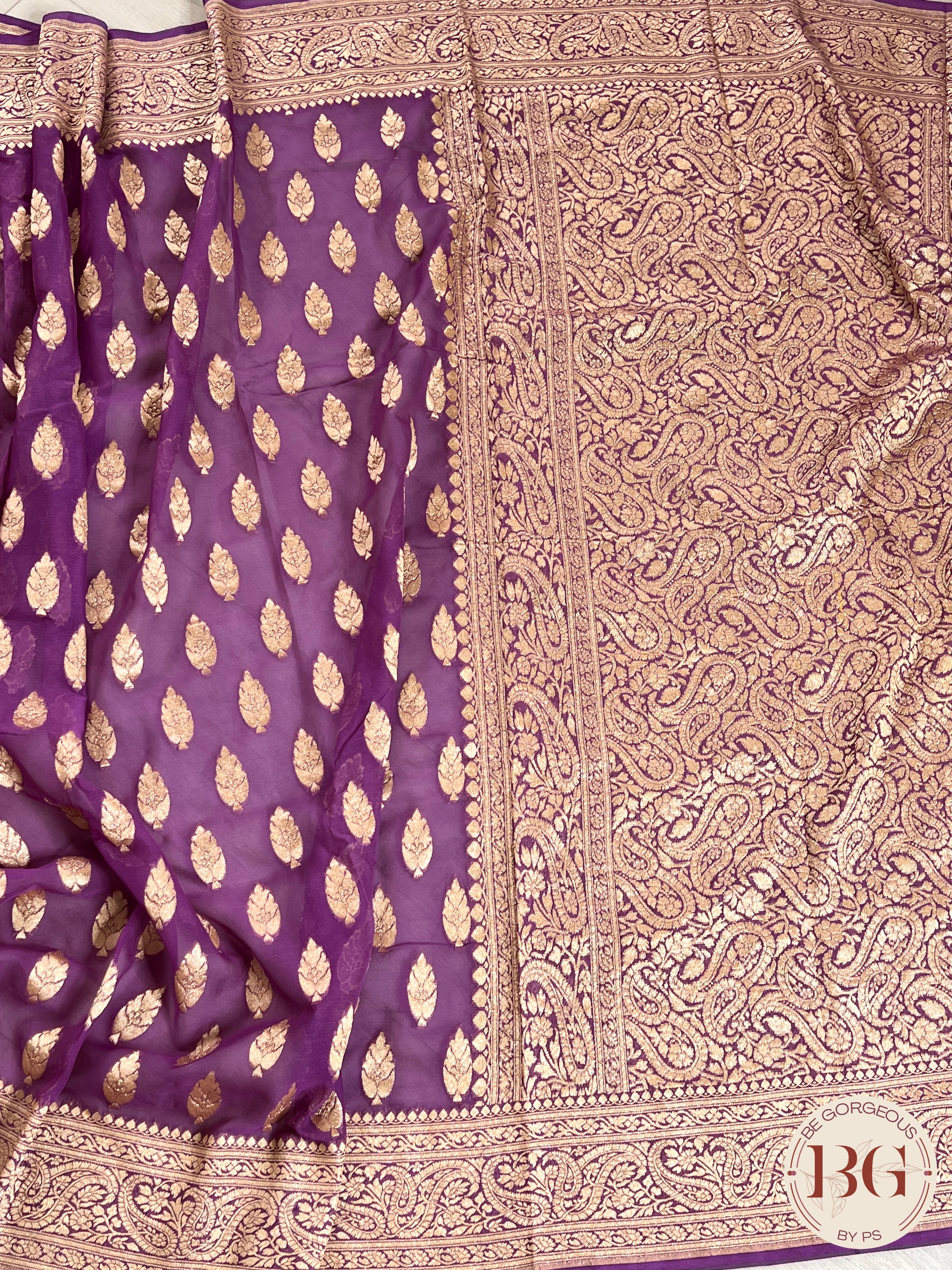 Banarasi Khaddi georgette silk weaved saree, silmark certified - Purple buttas