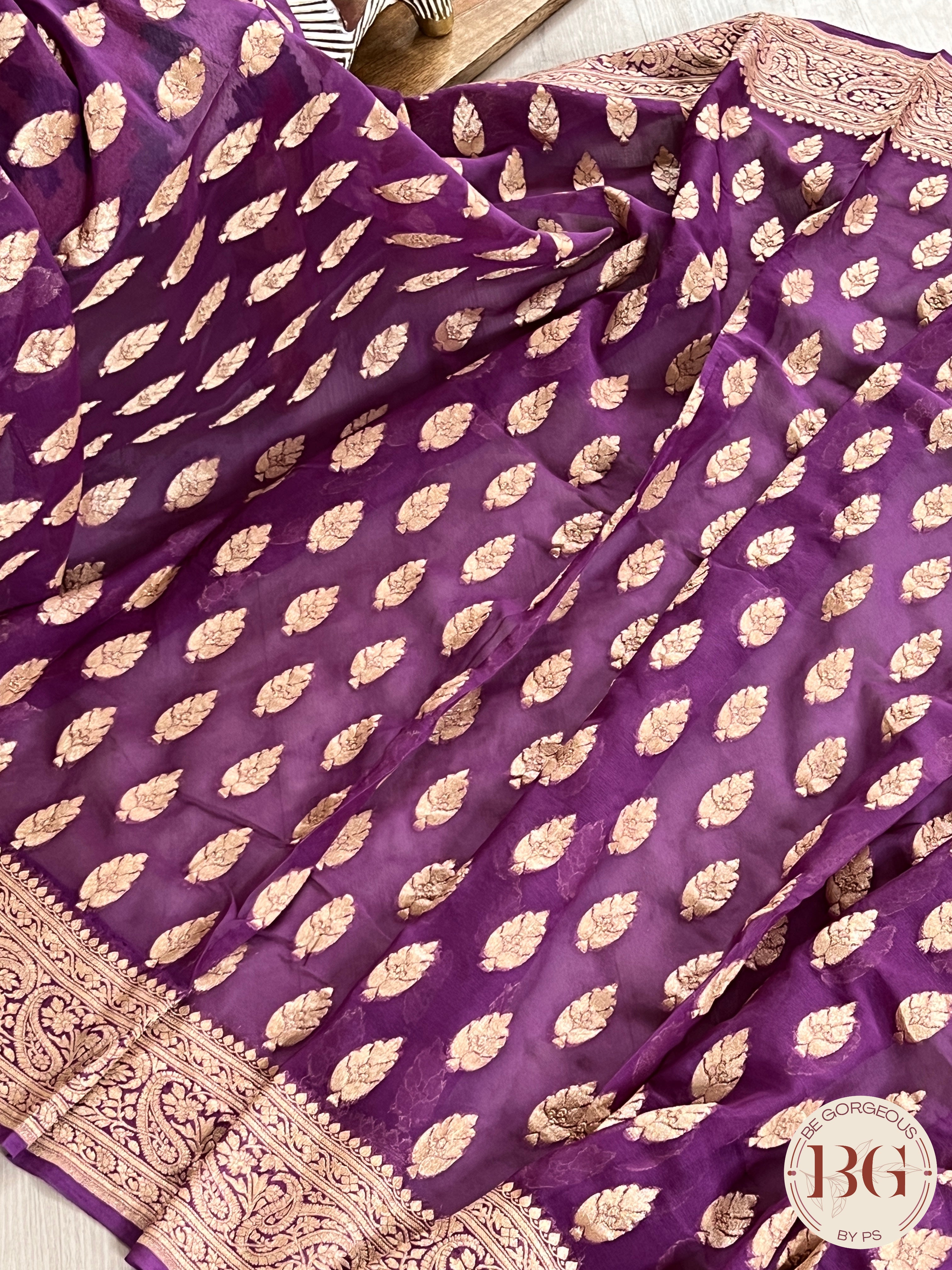 Banarasi Khaddi georgette silk weaved saree, silmark certified - Purple buttas