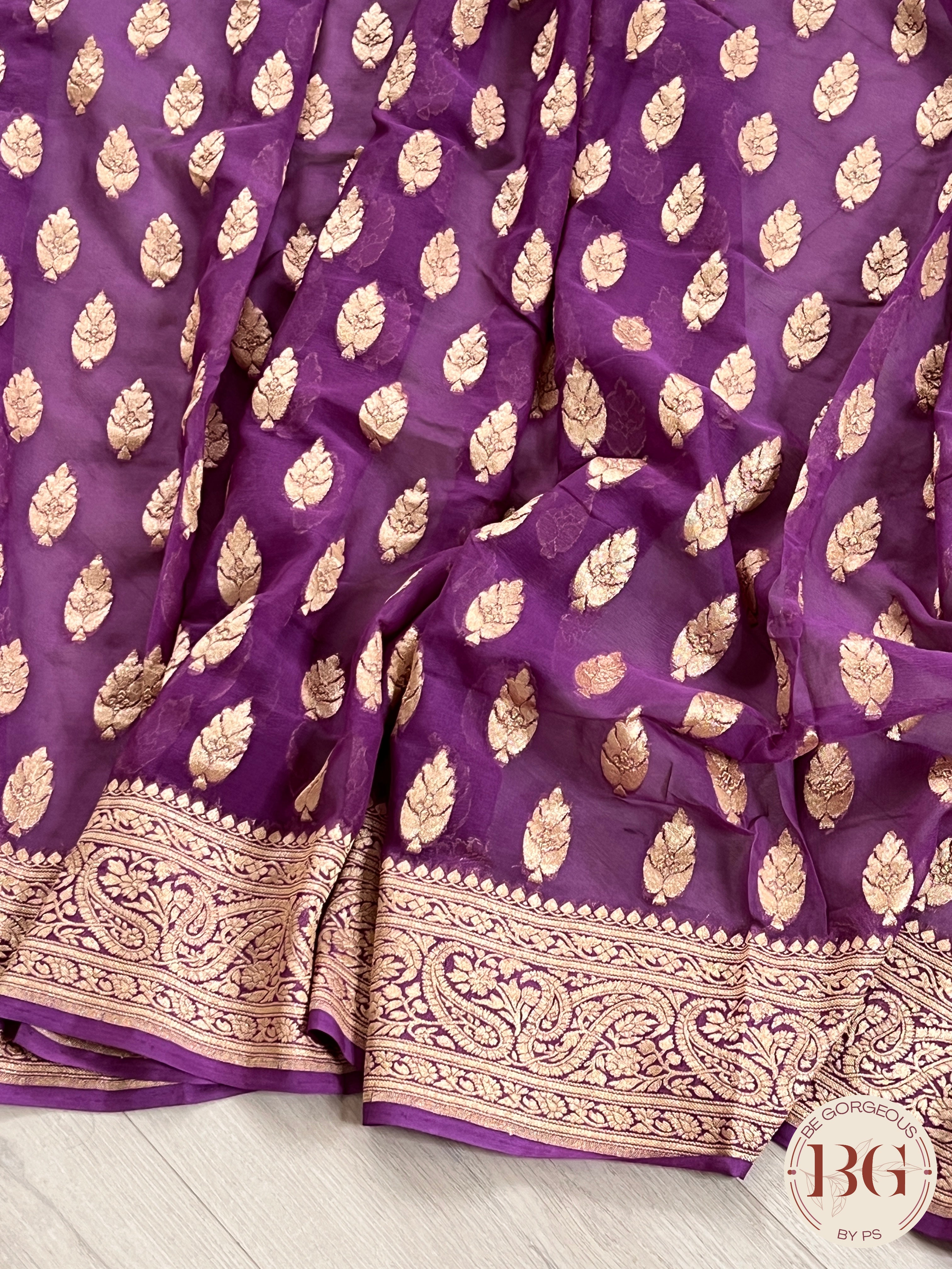 Banarasi Khaddi georgette silk weaved saree, silmark certified - Purple buttas