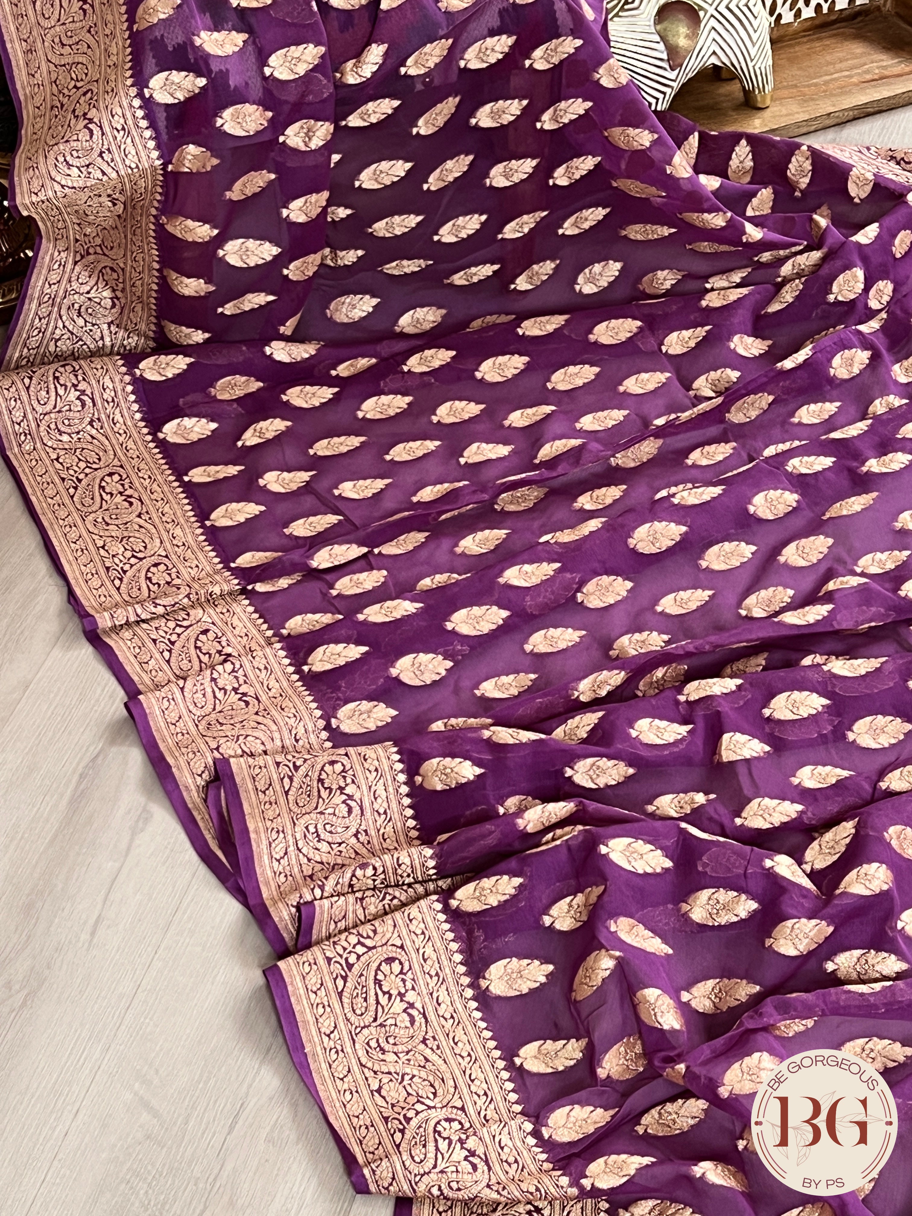 Banarasi Khaddi georgette silk weaved saree, silmark certified - Purple buttas