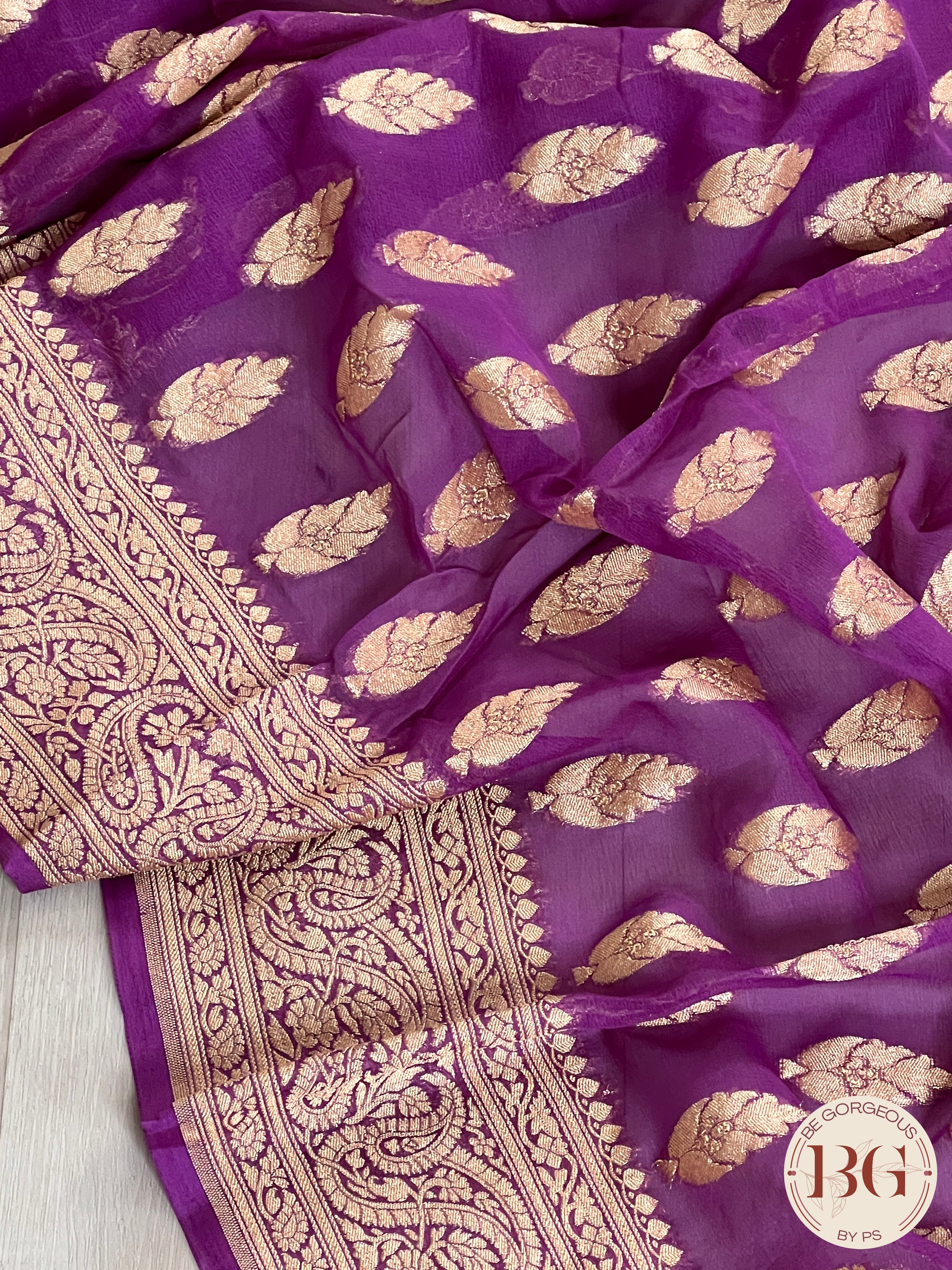 Banarasi Khaddi georgette silk weaved saree, silmark certified - Purple buttas