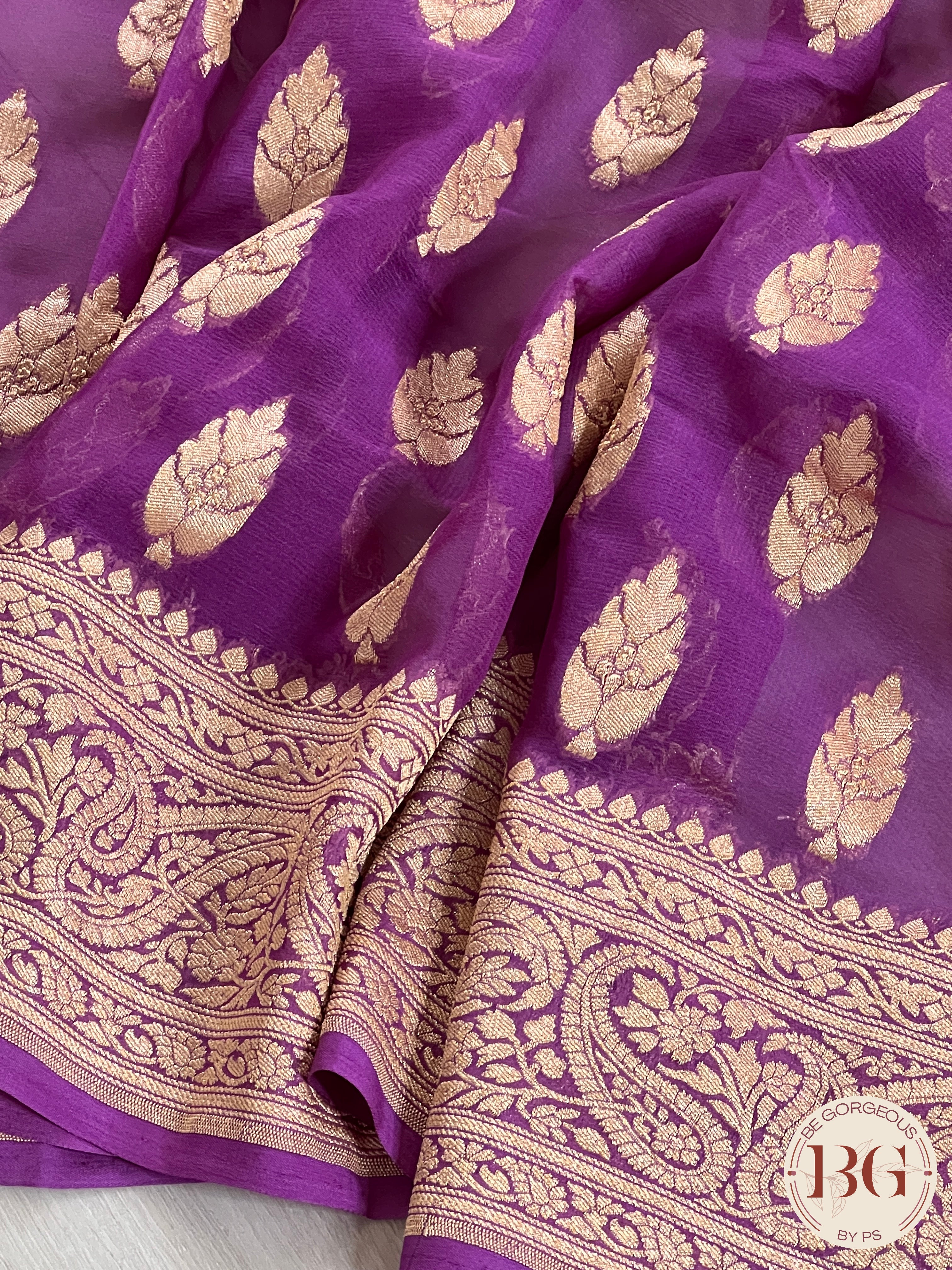 Banarasi Khaddi georgette silk weaved saree, silmark certified - Purple buttas