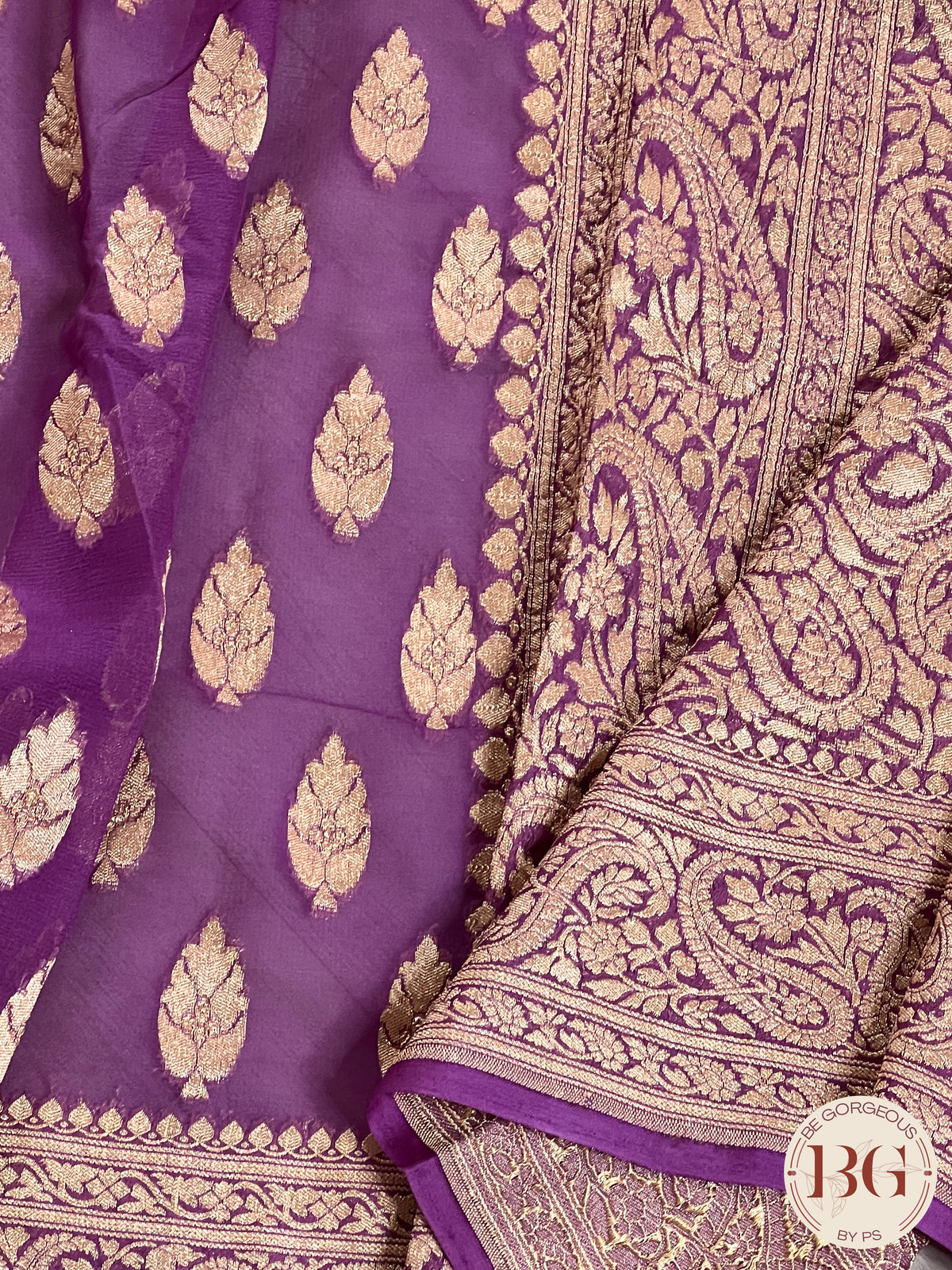 Banarasi Khaddi georgette silk weaved saree, silmark certified - Purple buttas