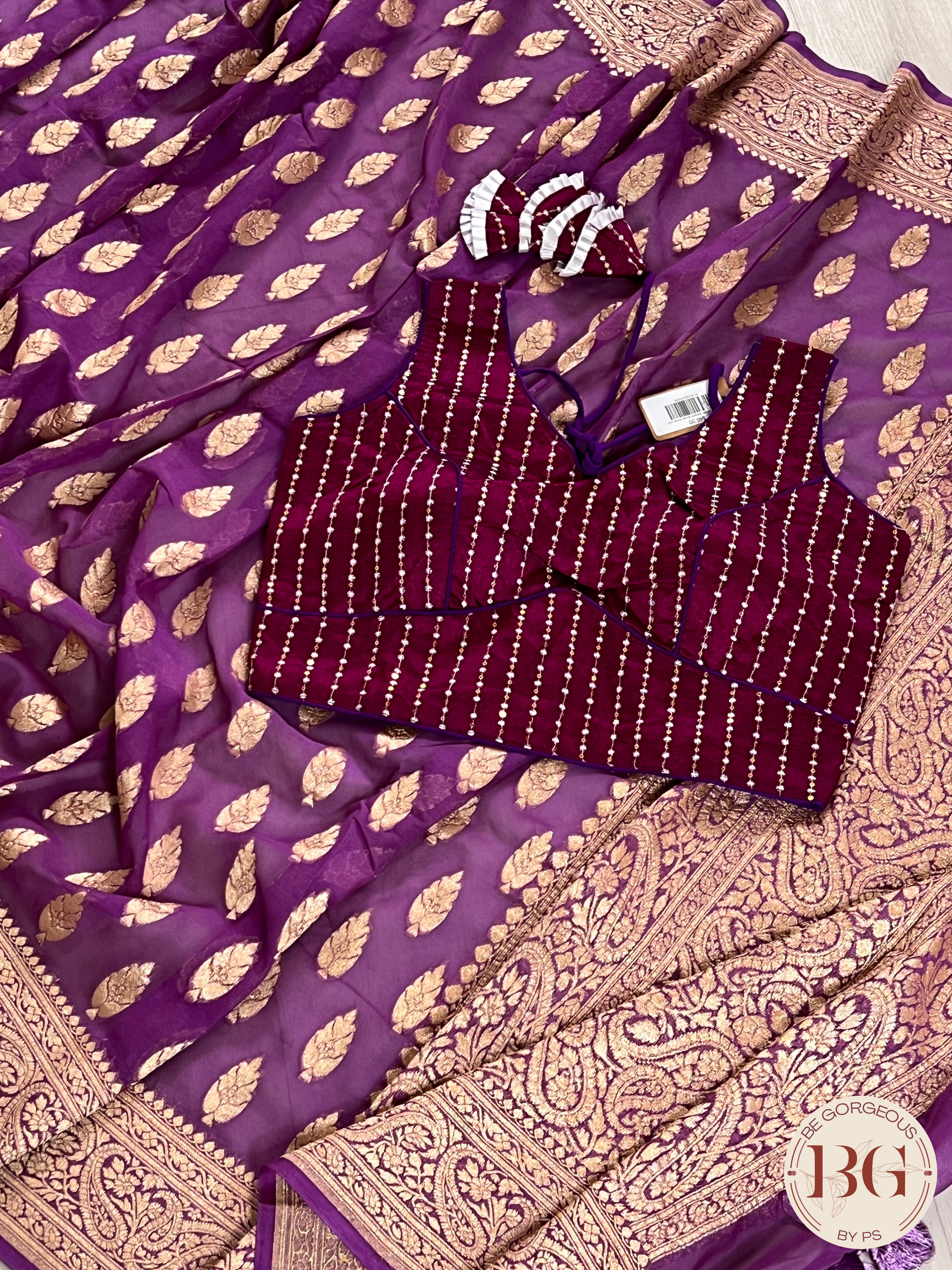 Banarasi Khaddi georgette silk weaved saree, silmark certified - Purple buttas