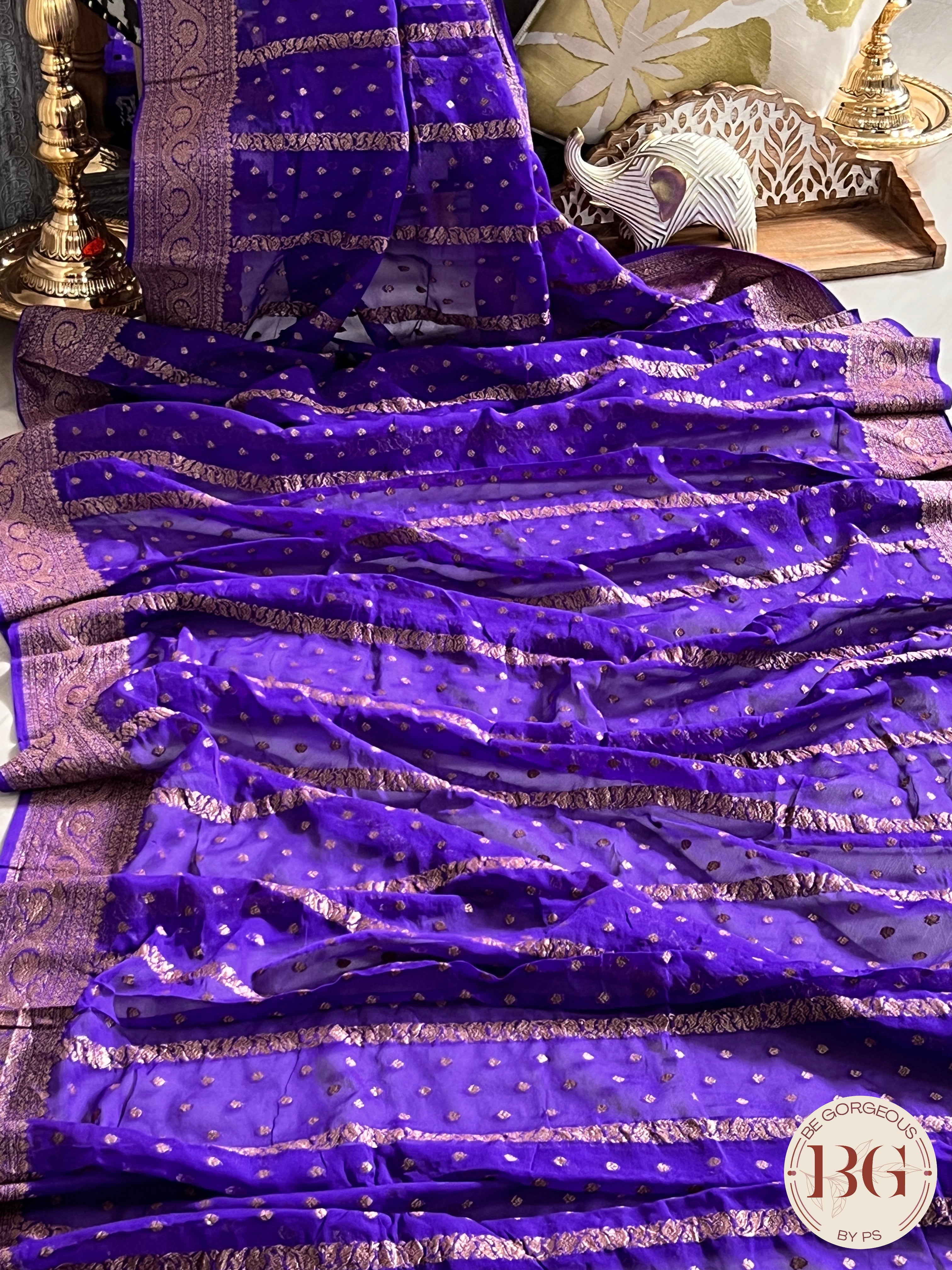 Banarasi Khaddi georgette silk weaved saree, silkmark certified - Bluish Purple dots & stripes