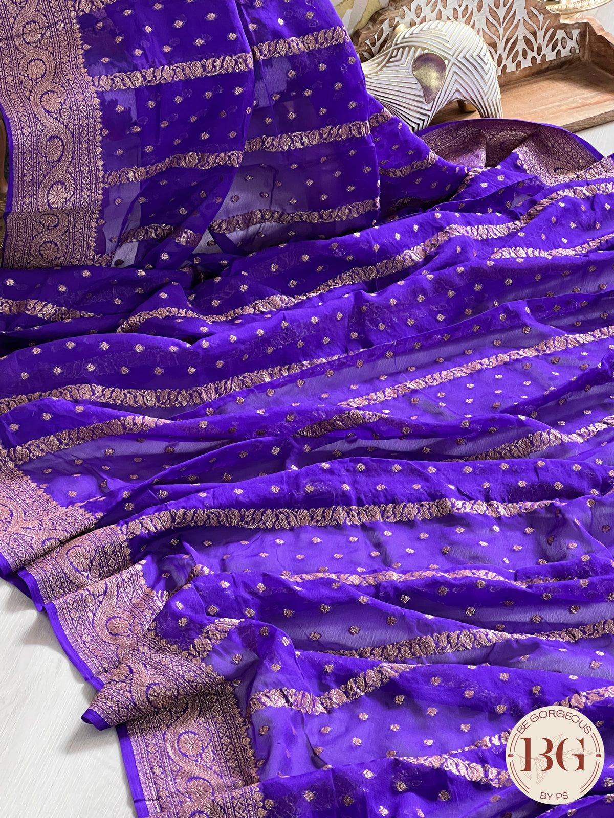 Banarasi Khaddi georgette silk weaved saree, silkmark certified - Bluish Purple dots & stripes