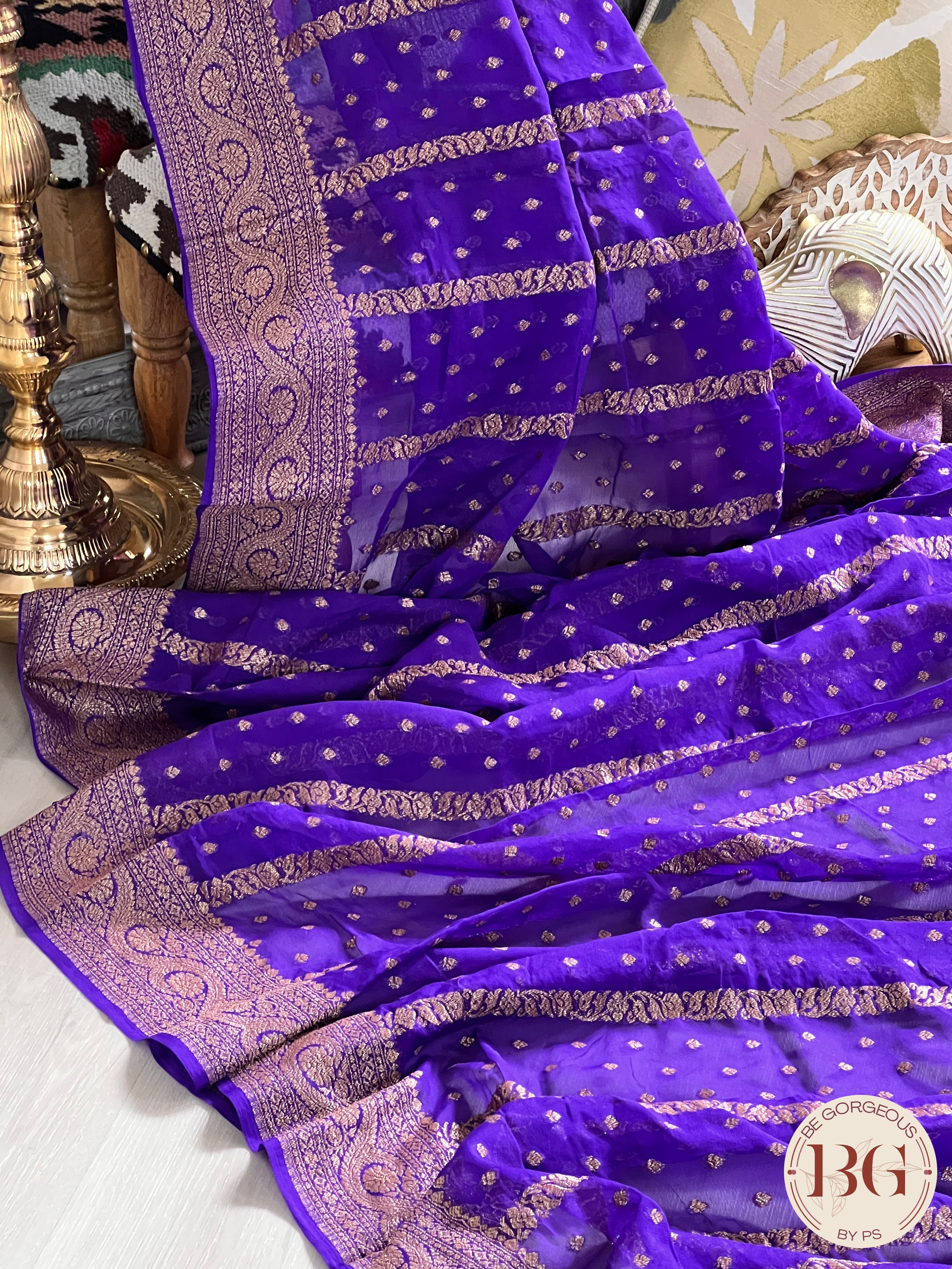 Banarasi Khaddi georgette silk weaved saree, silkmark certified - Bluish Purple dots & stripes