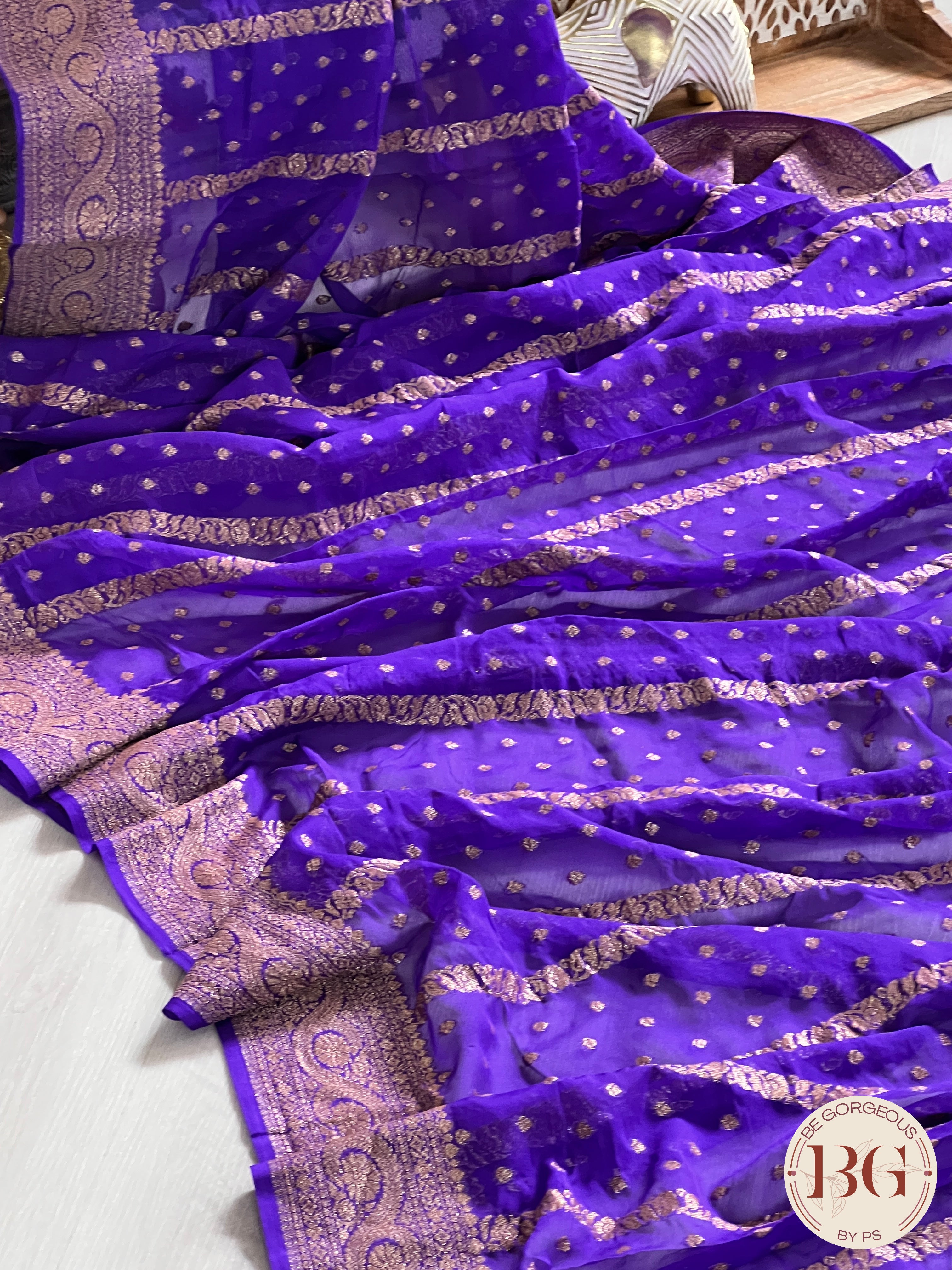 Banarasi Khaddi georgette silk weaved saree, silkmark certified - Bluish Purple dots & stripes