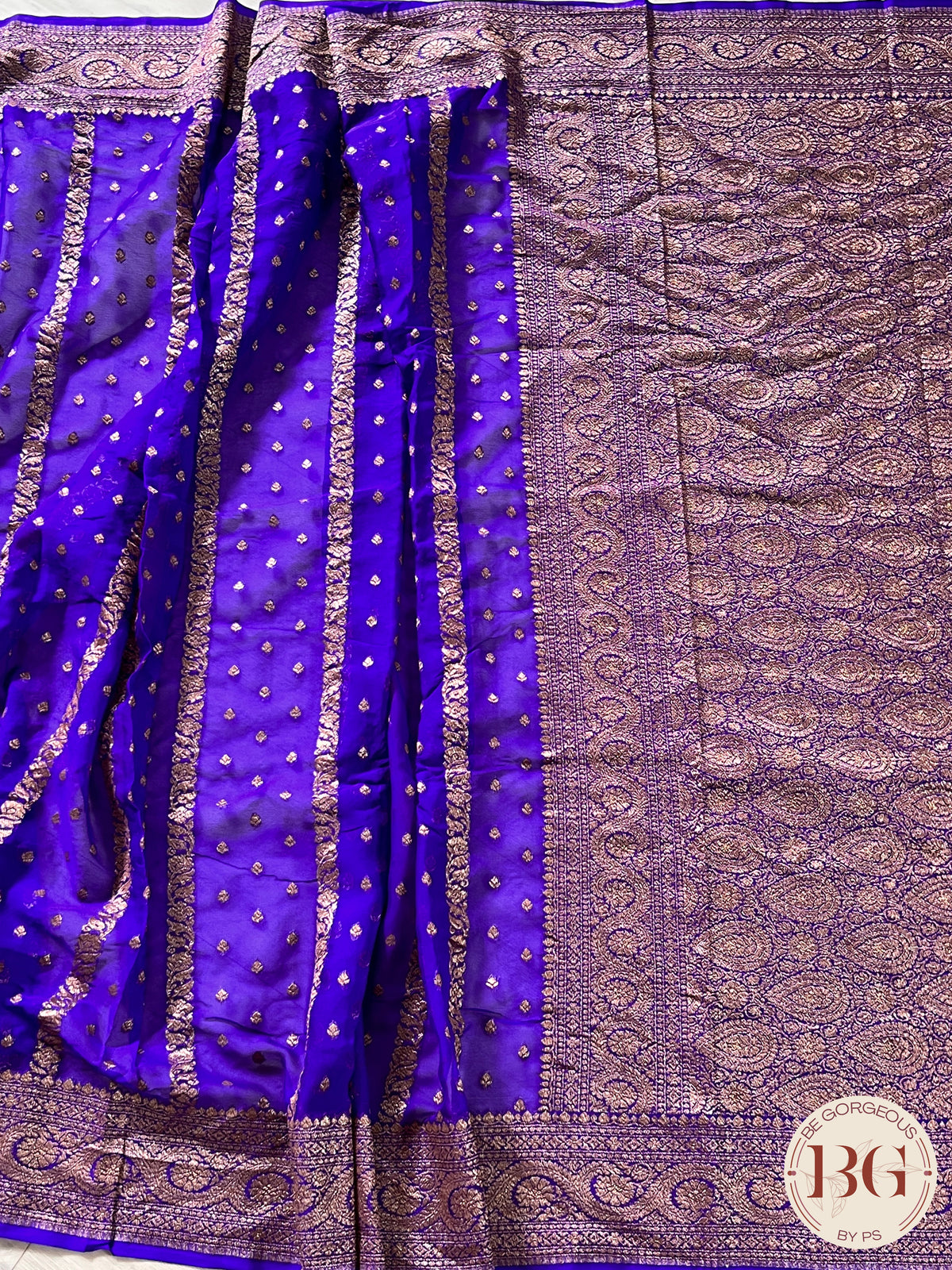 Banarasi Khaddi georgette silk weaved saree, silkmark certified - Bluish Purple dots & stripes