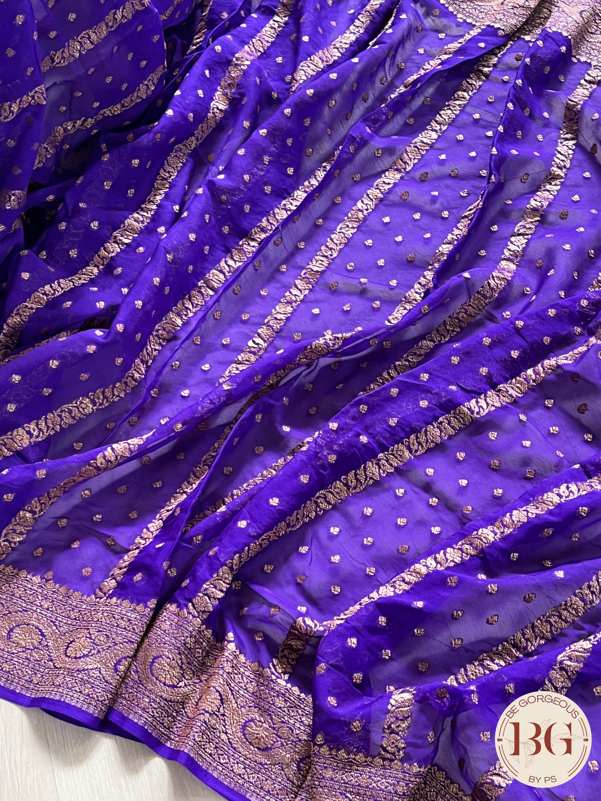 Banarasi Khaddi georgette silk weaved saree, silkmark certified - Bluish Purple dots & stripes