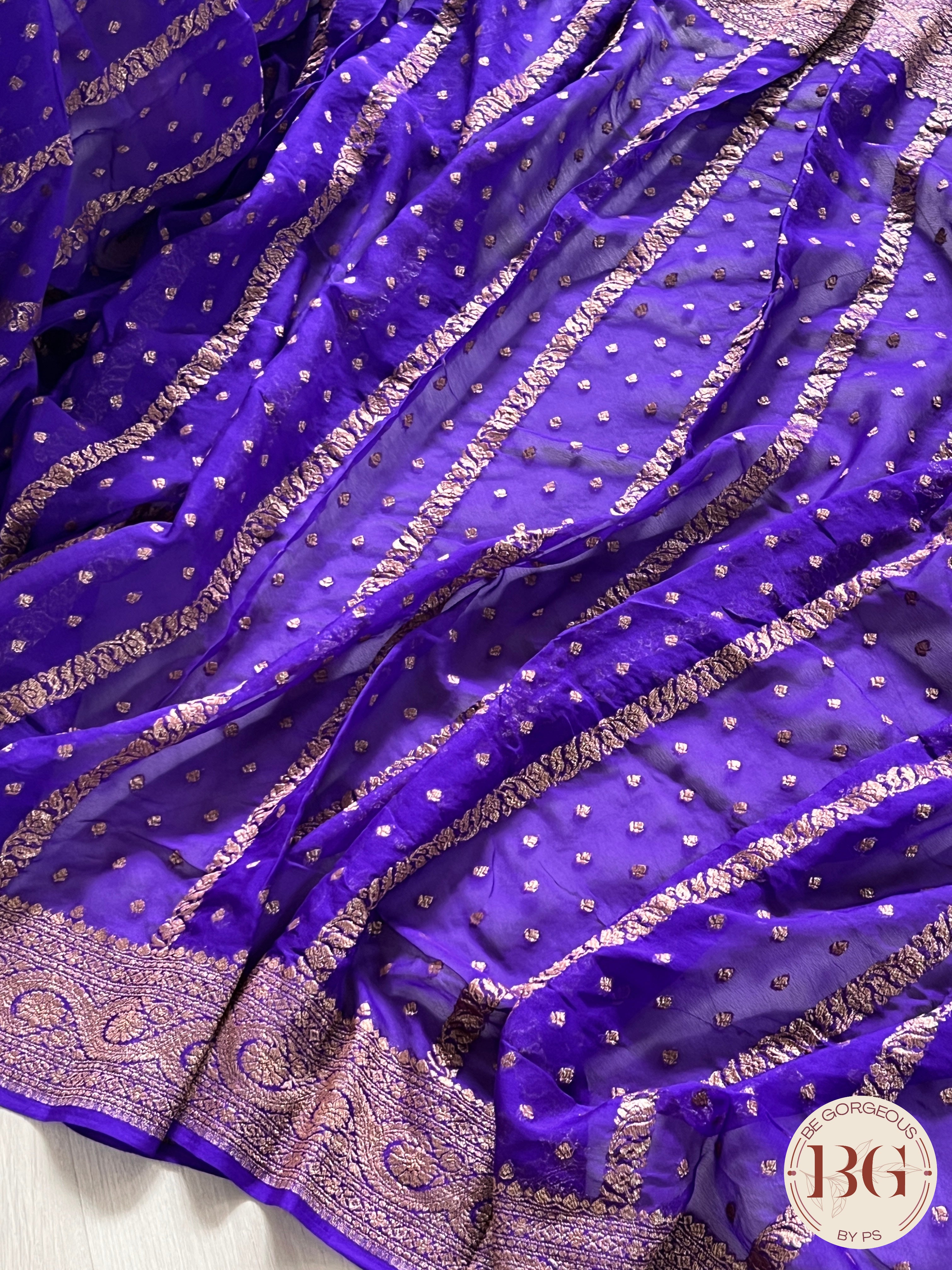 Banarasi Khaddi georgette silk weaved saree, silkmark certified - Bluish Purple dots & stripes