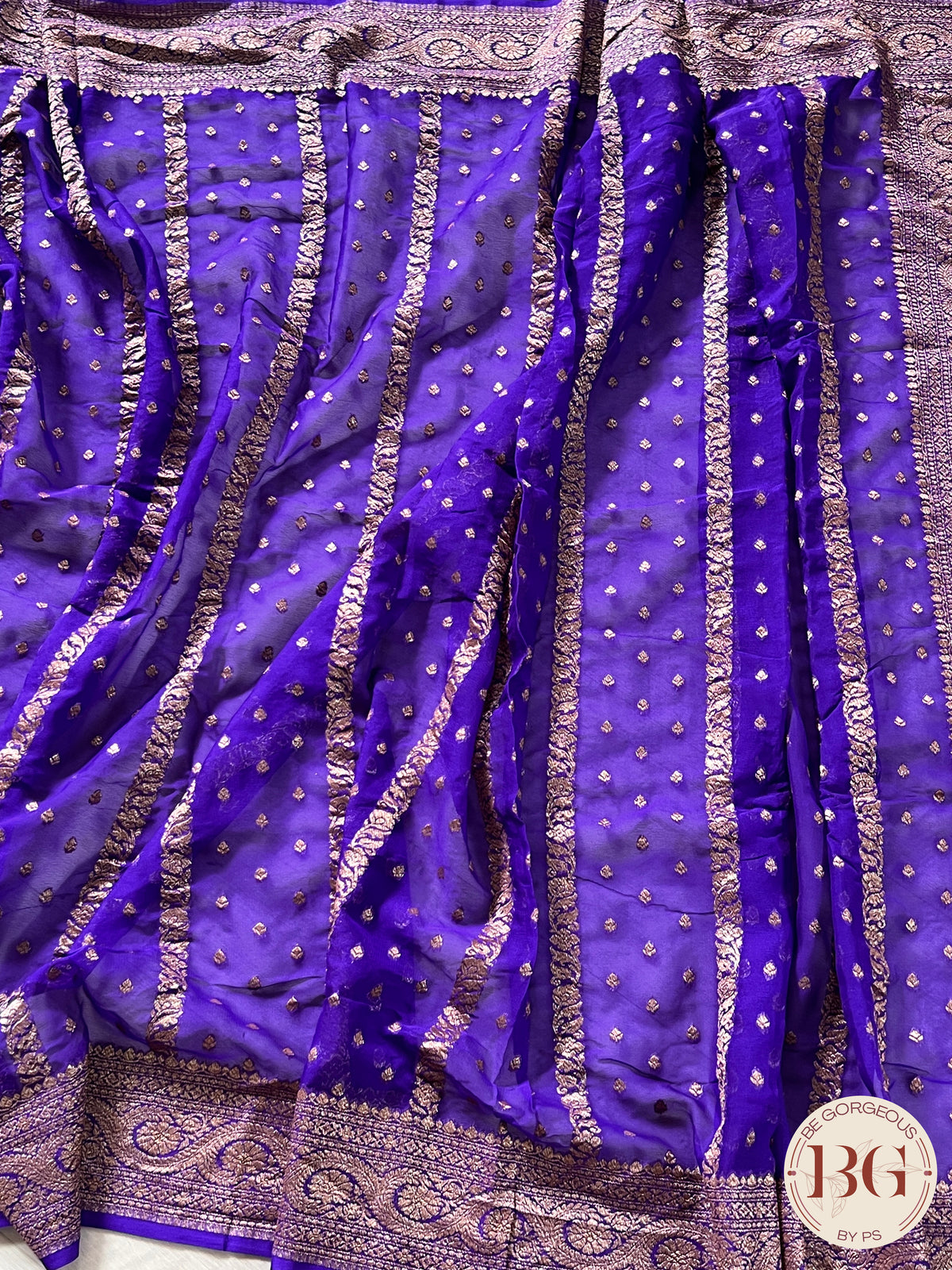 Banarasi Khaddi georgette silk weaved saree, silkmark certified - Bluish Purple dots & stripes