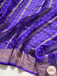 Banarasi Khaddi georgette silk weaved saree, silkmark certified - Bluish Purple dots & stripes