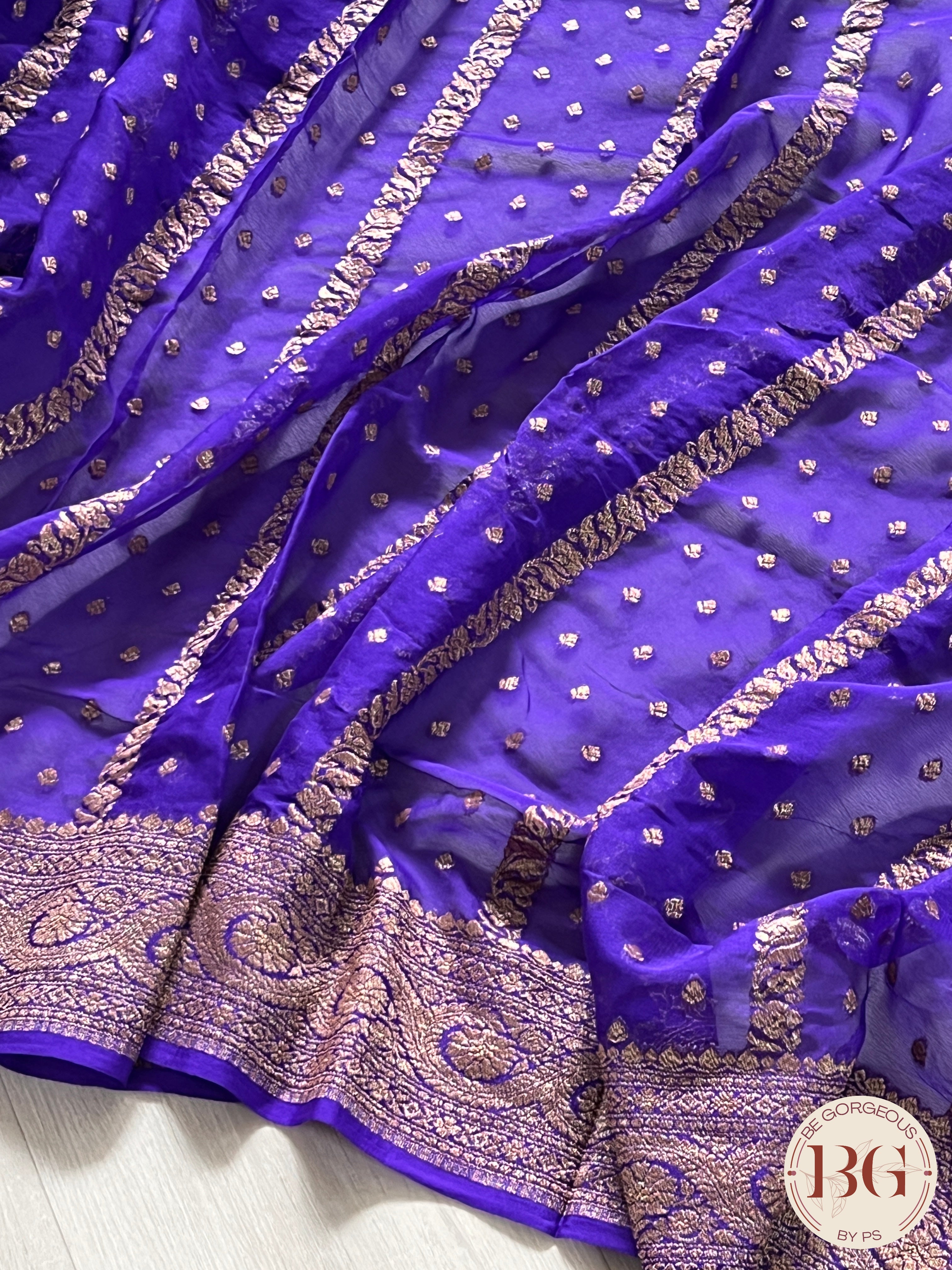 Banarasi Khaddi georgette silk weaved saree, silkmark certified - Bluish Purple dots & stripes