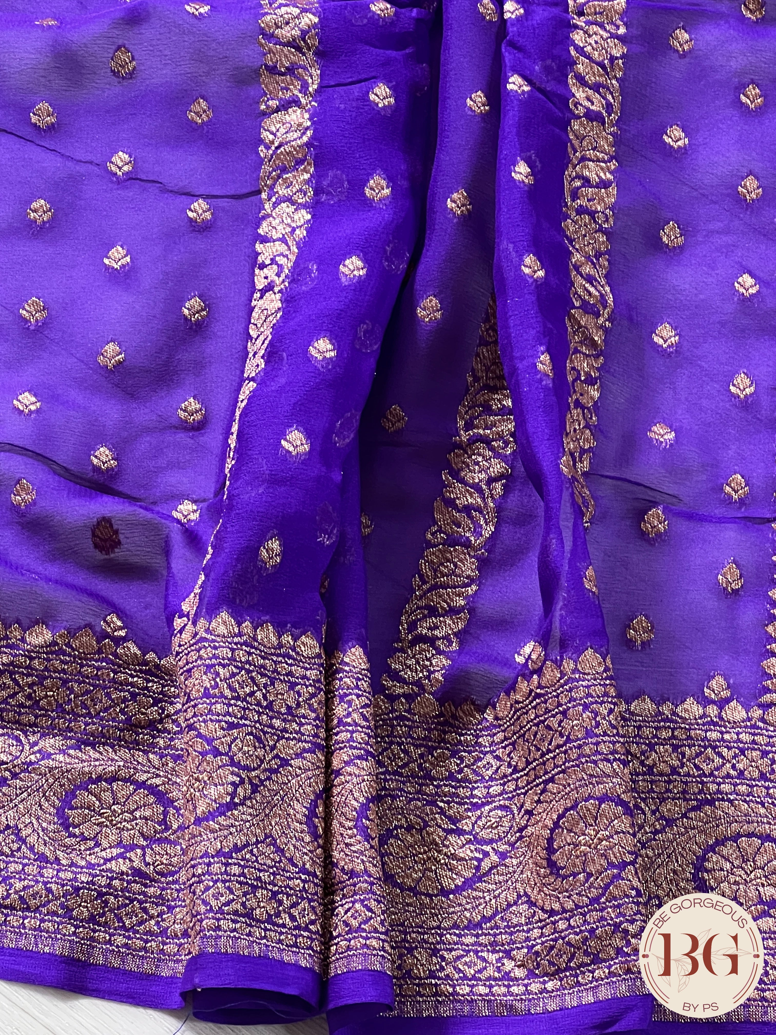 Banarasi Khaddi georgette silk weaved saree, silkmark certified - Bluish Purple dots & stripes