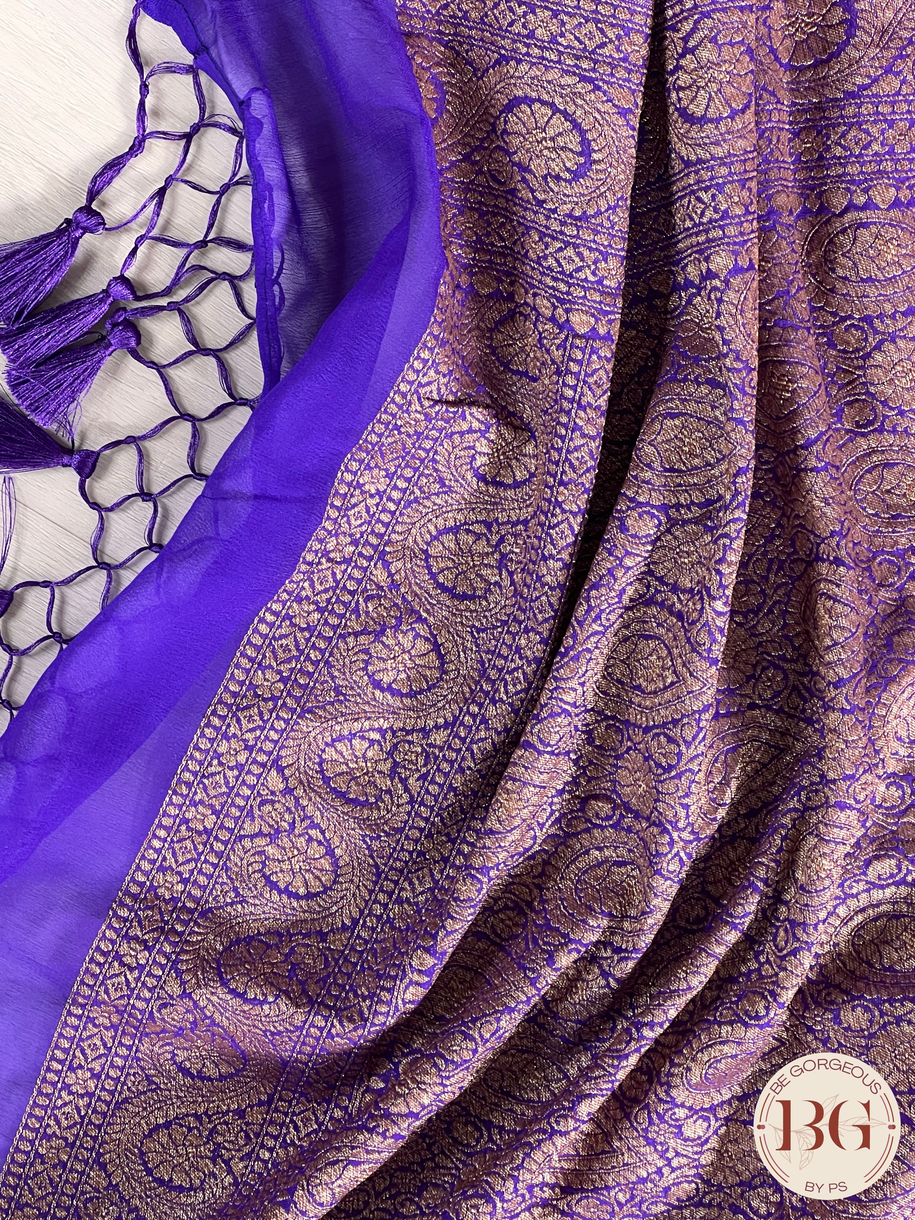 Banarasi Khaddi georgette silk weaved saree, silkmark certified - Bluish Purple dots & stripes