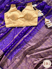 Banarasi Khaddi georgette silk weaved saree, silkmark certified - Bluish Purple dots & stripes