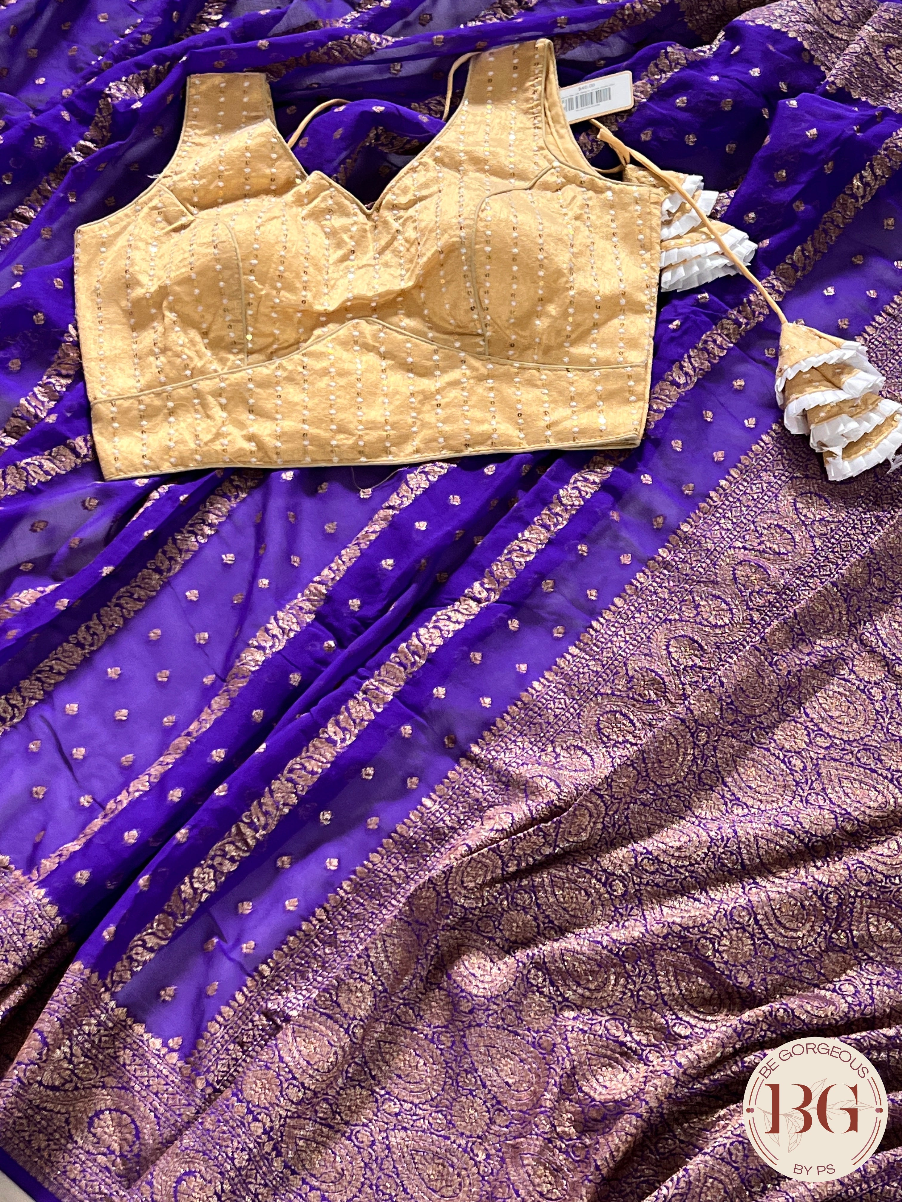 Banarasi Khaddi georgette silk weaved saree, silkmark certified - Bluish Purple dots & stripes