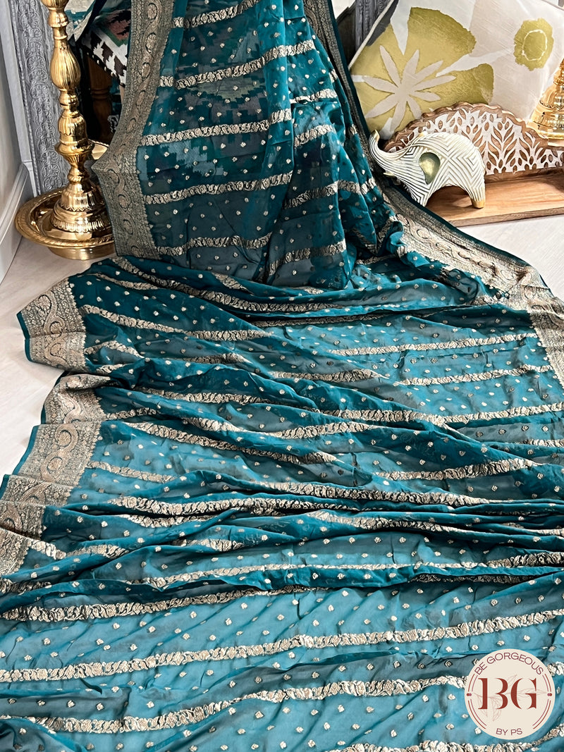 Banarasi Khaddi georgette silk weaved saree, silmark certified - Green dots & stripes