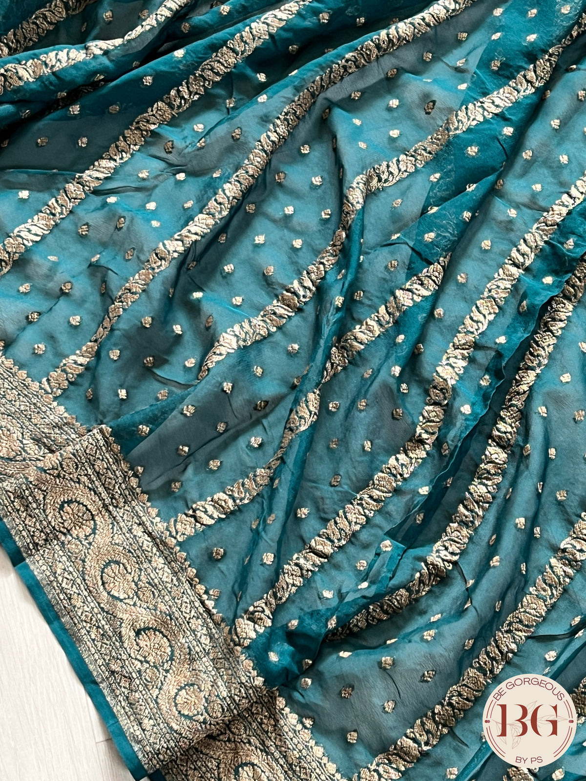Banarasi Khaddi georgette silk weaved saree, silmark certified - Green dots & stripes