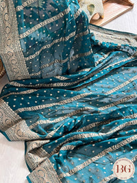 Banarasi Khaddi georgette silk weaved saree, silmark certified - Green dots & stripes