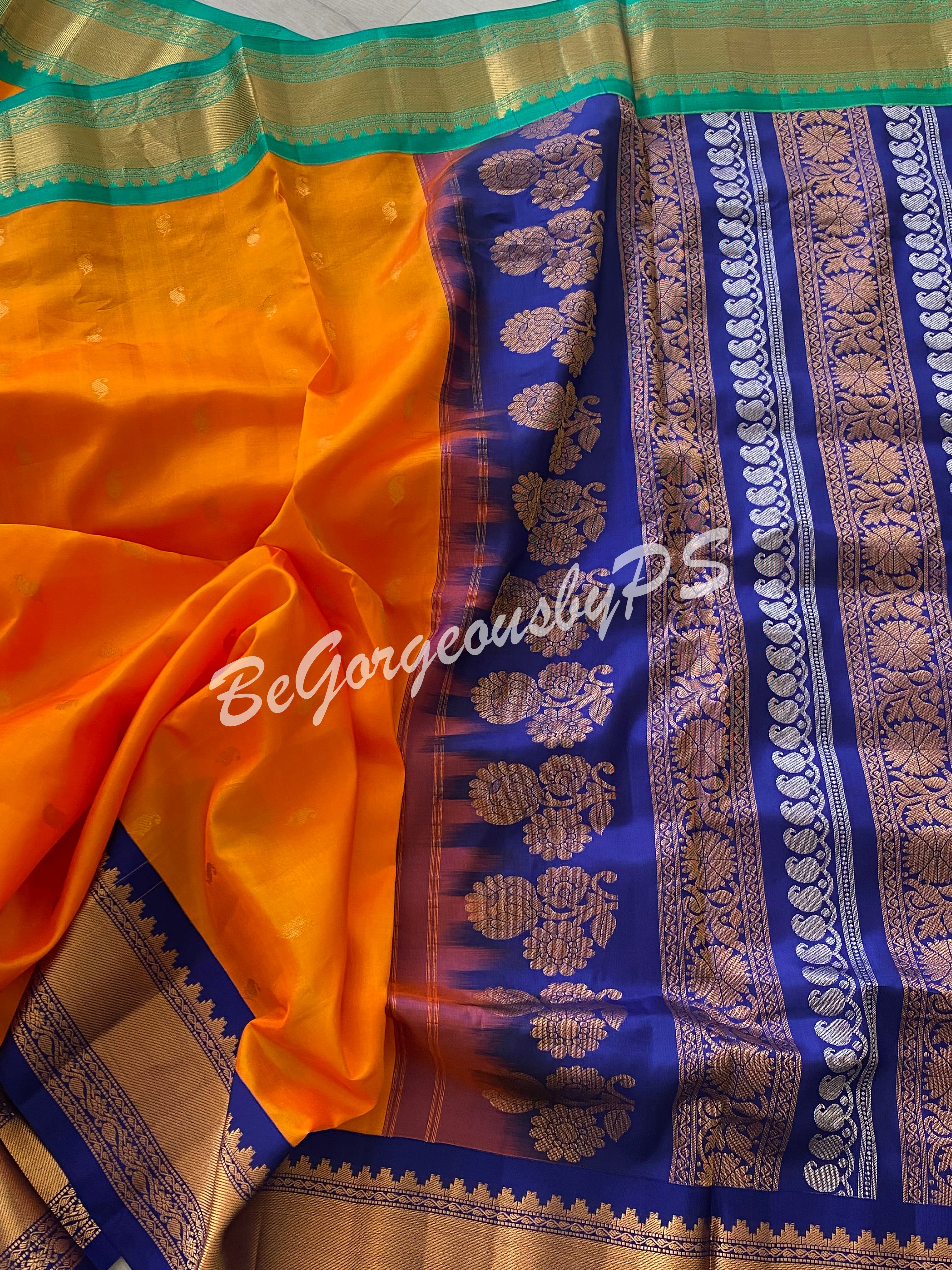 Handwoven Beige Gadwal Silk Saree With Ganga Jamuna Border