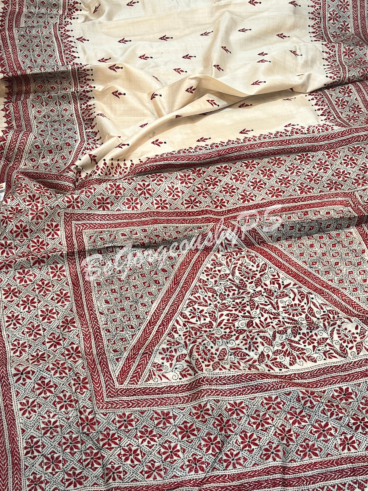 KANTHA TUSSAR BEIGE RED & BLACK SAREE