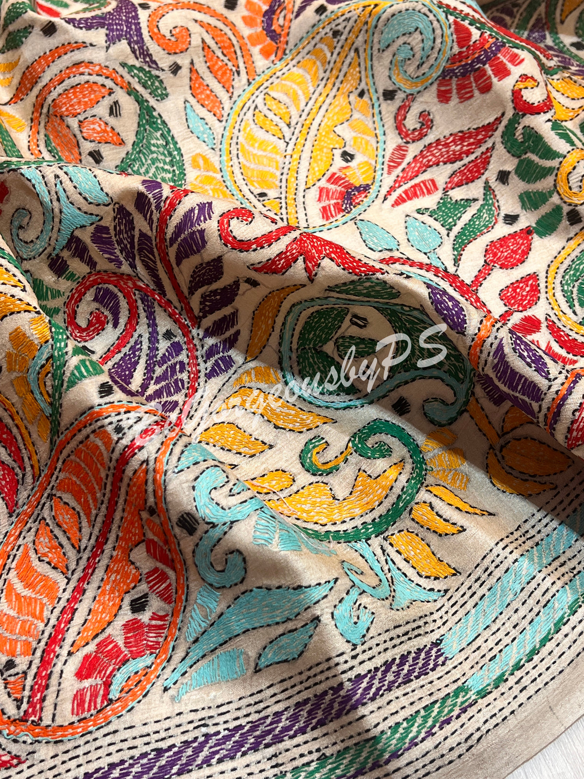 KANTHA TUSSAR LOTUS DESIGN SAREE