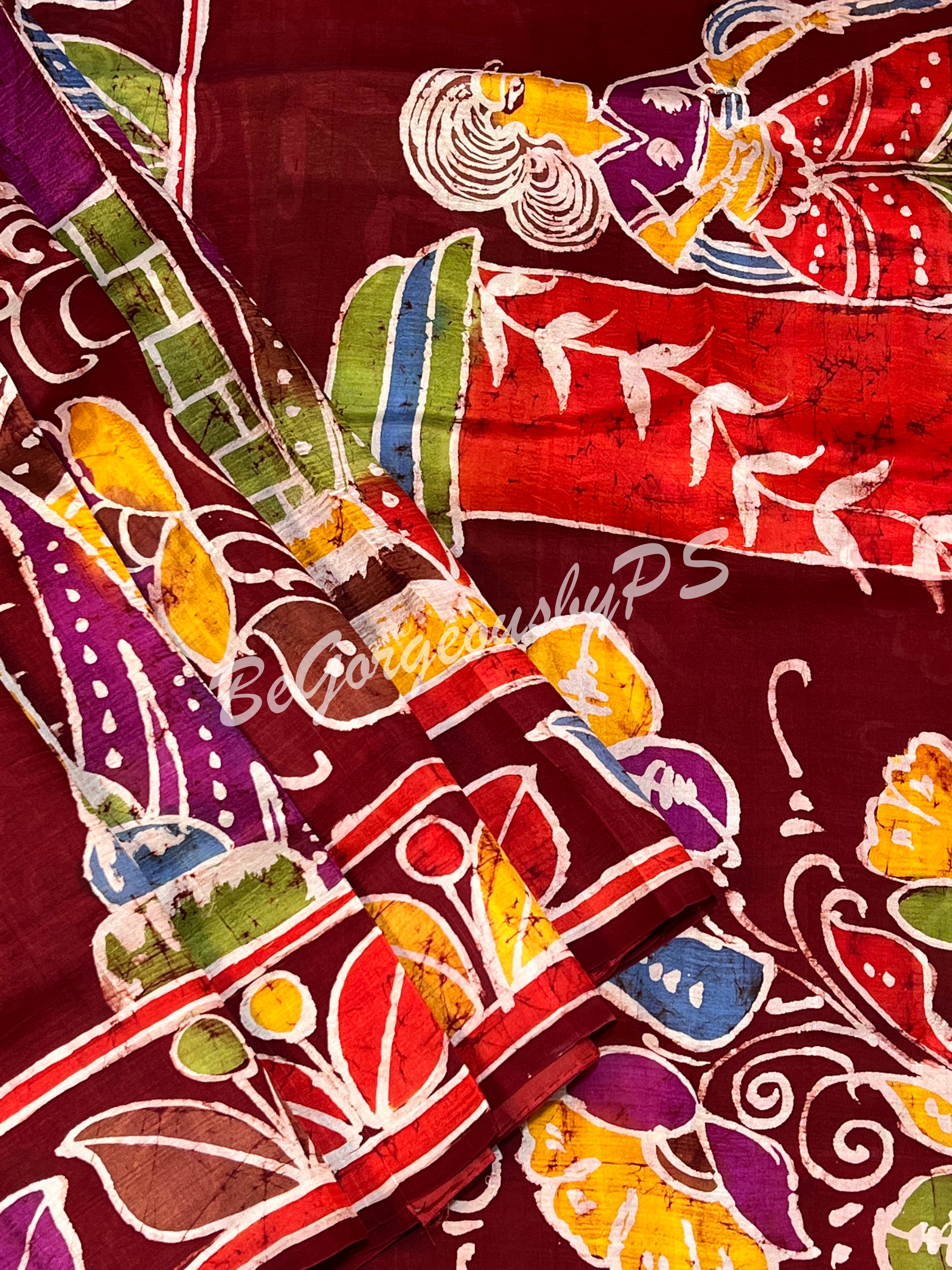 MURSHIDABAD BATIK PRINTED RED FIGURES SAREE