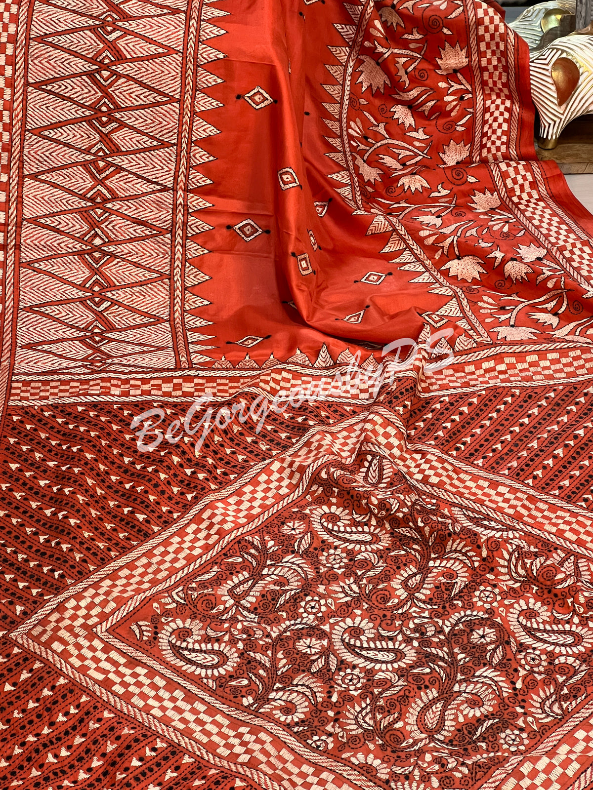 KANTHA BANGALORE SILK RUST SAREE