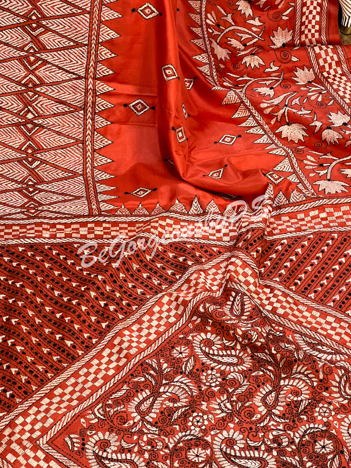 KANTHA BANGALORE SILK RUST SAREE