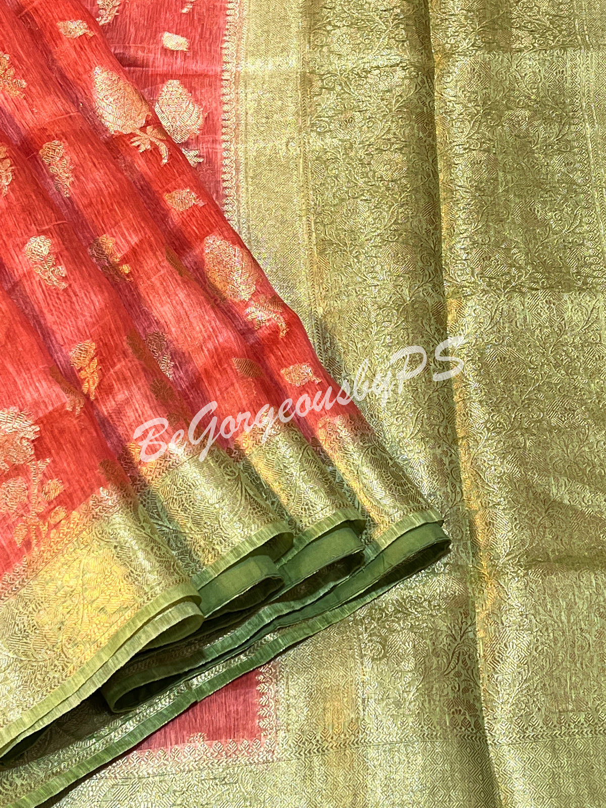 JAMDANI SILK ORANGE GREEN SAREE