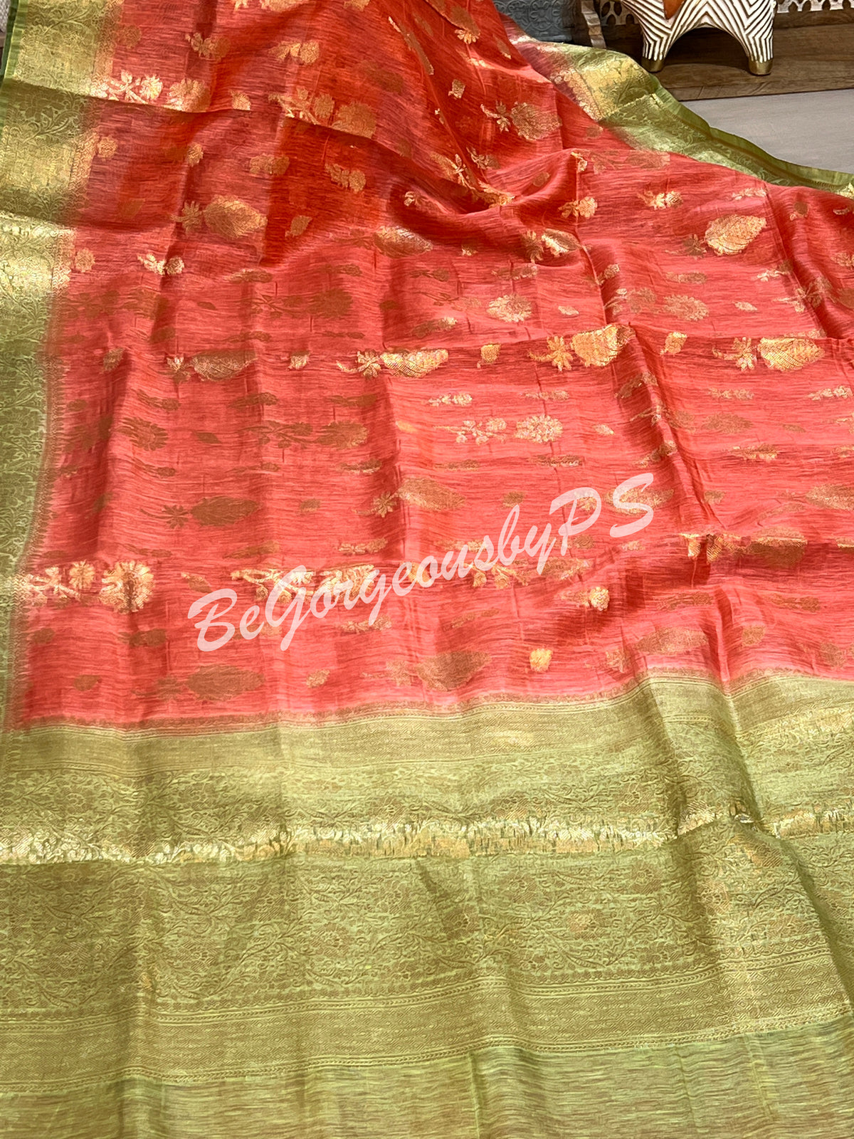 JAMDANI SILK ORANGE GREEN SAREE