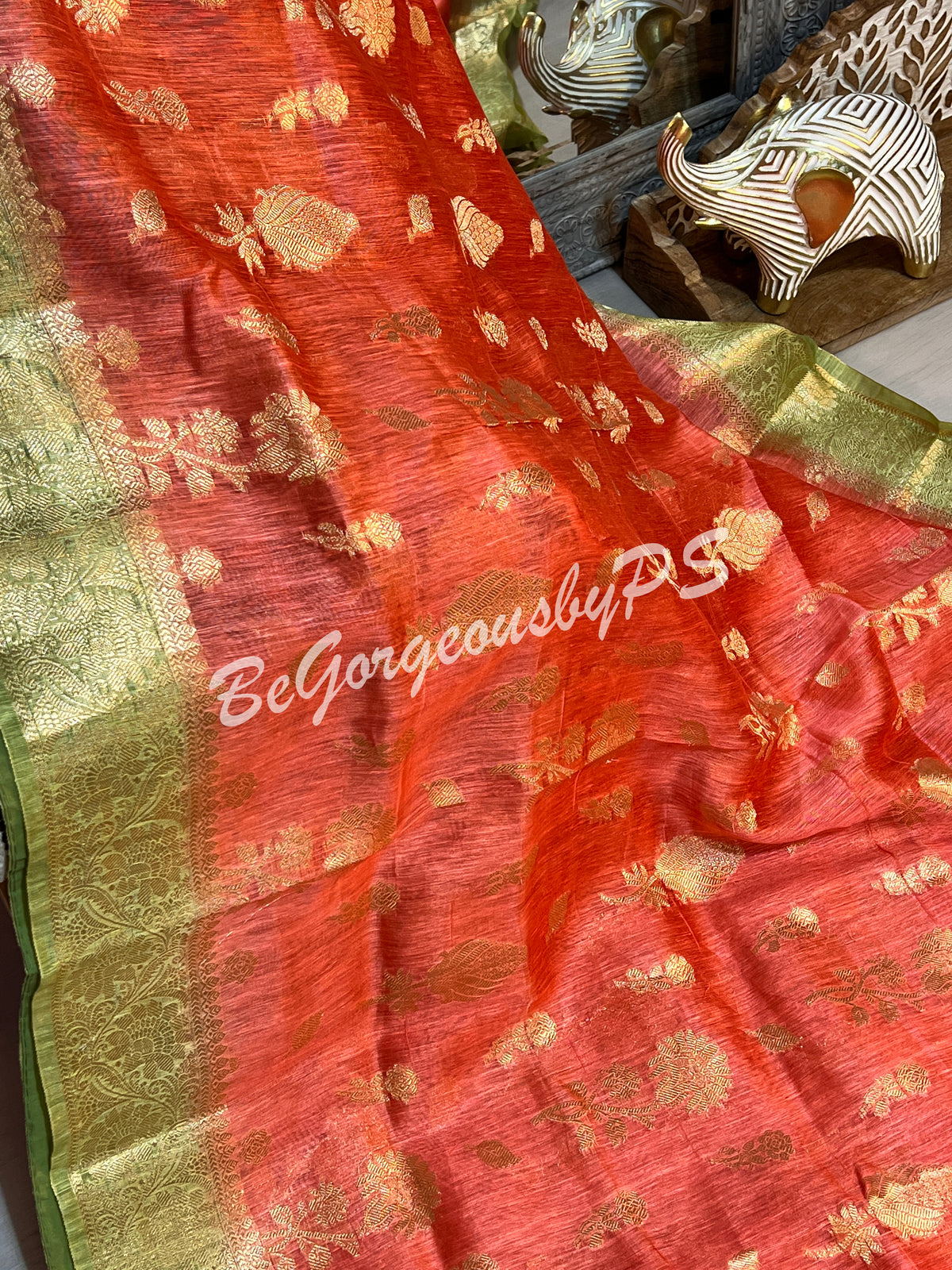 JAMDANI SILK ORANGE GREEN SAREE