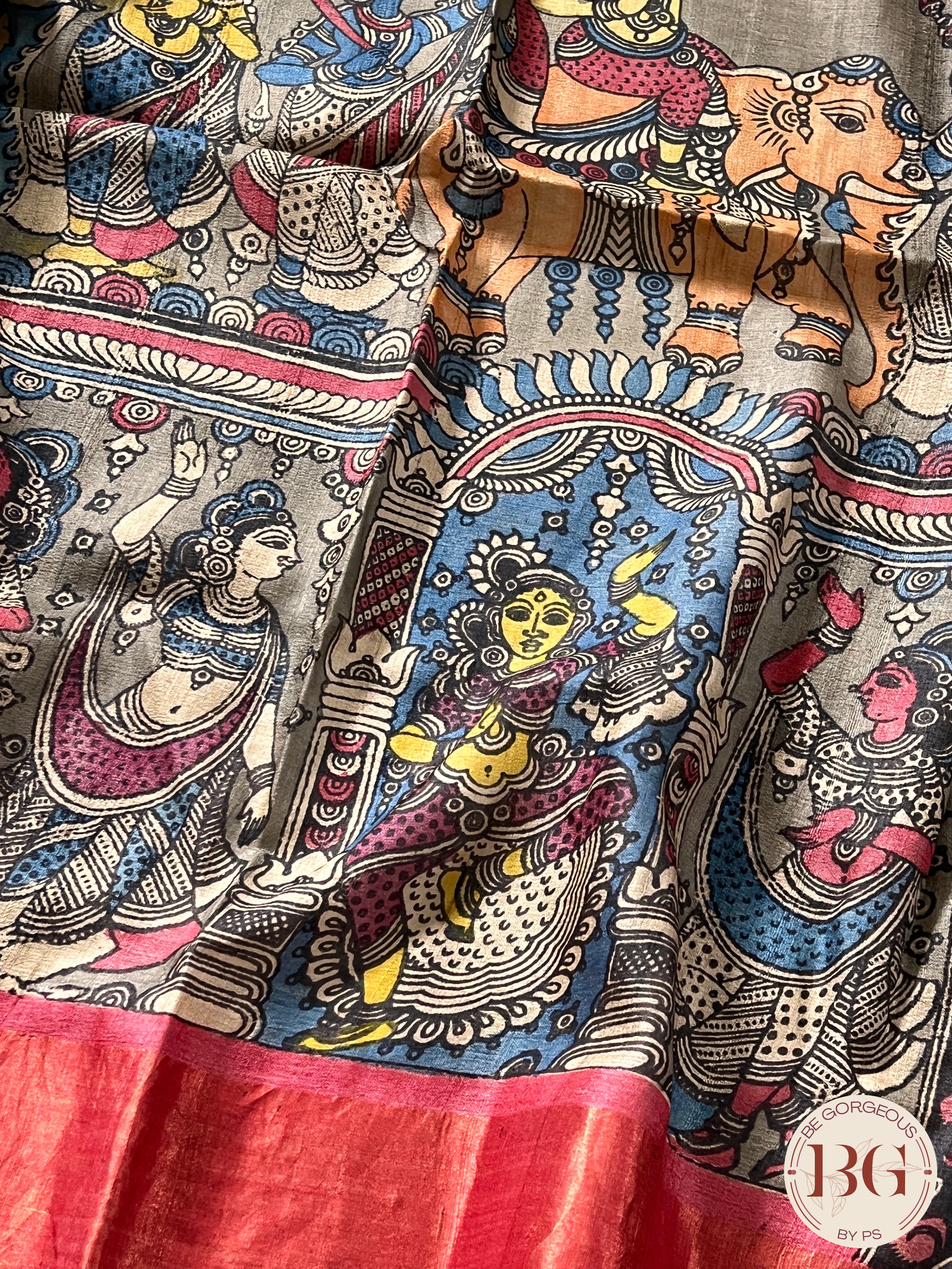 Pen Kalamkari on tussar - Blue saree