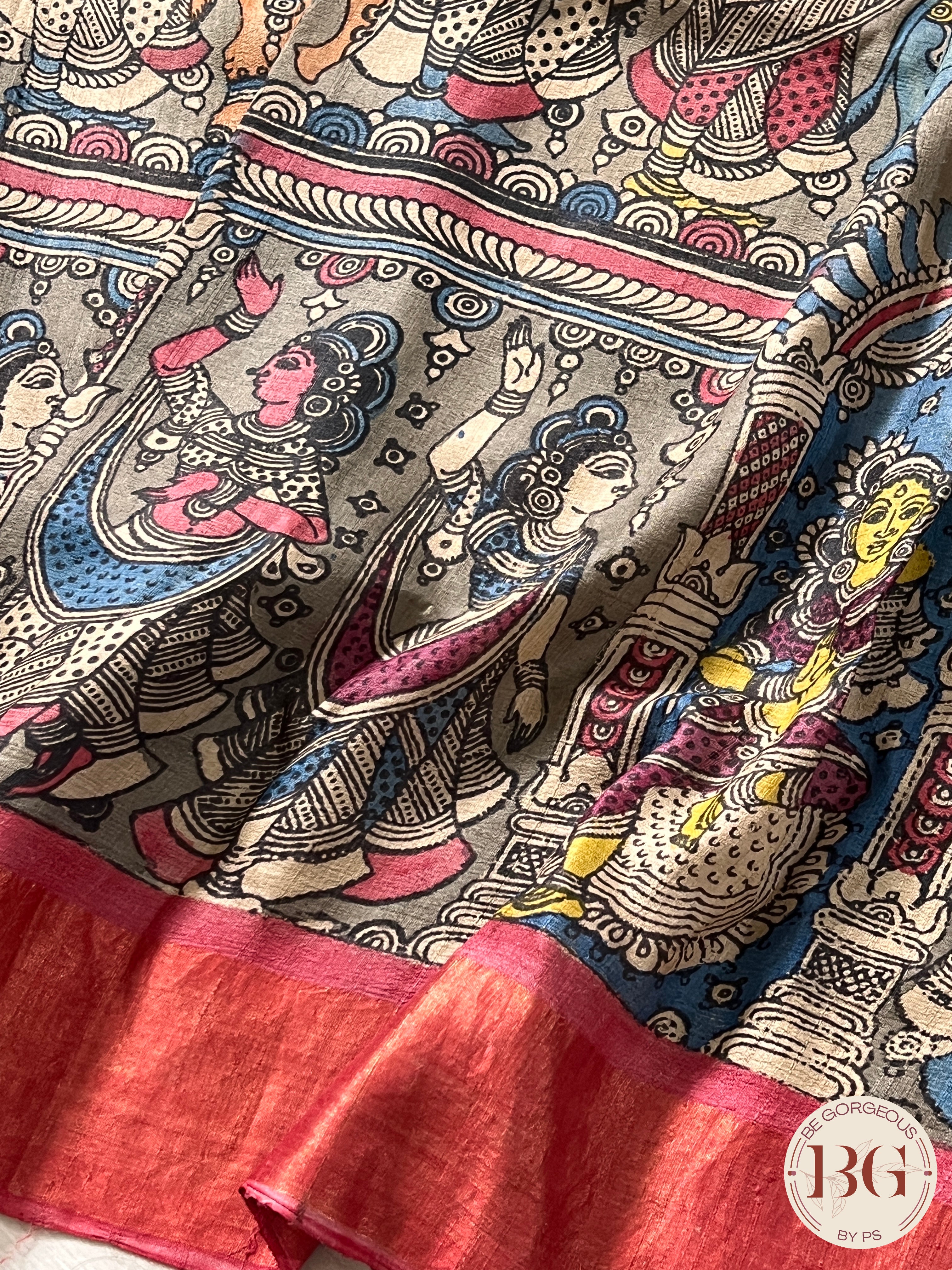 Pen Kalamkari on tussar - Blue saree