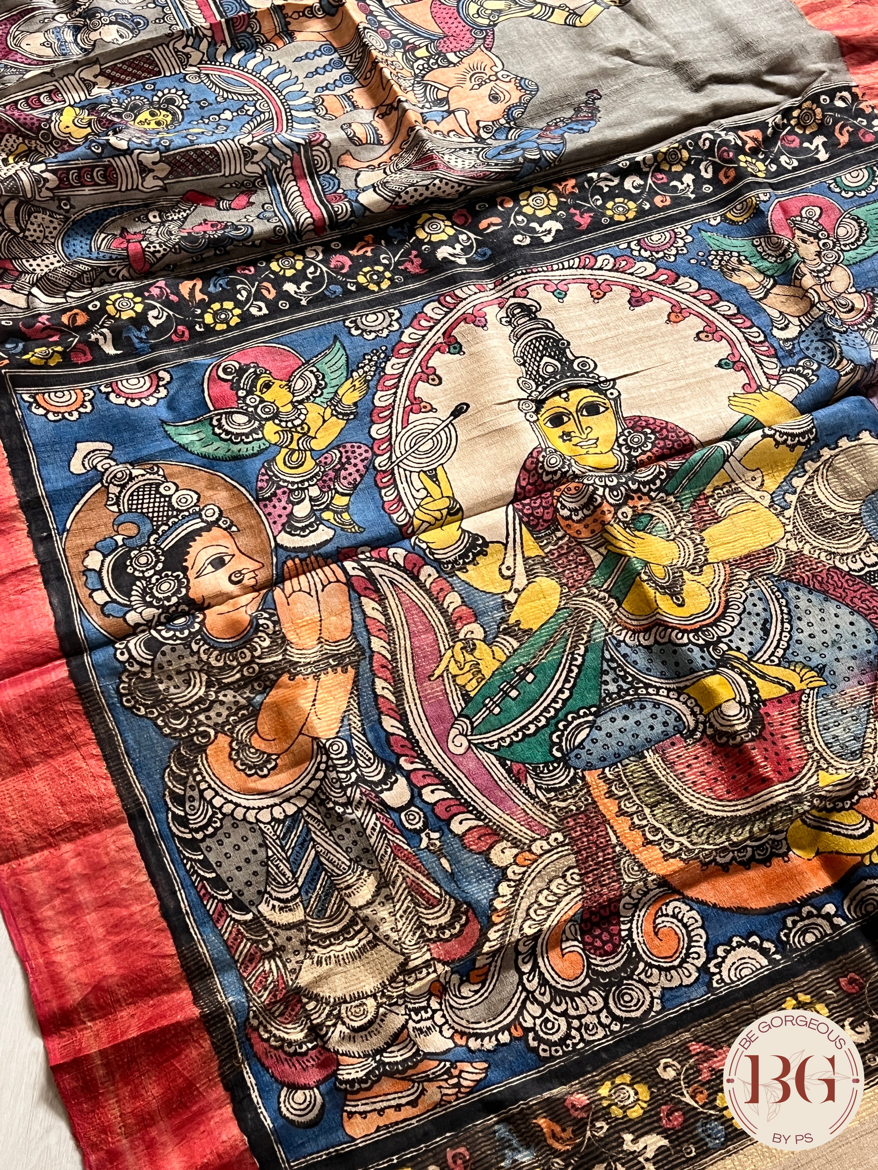 Pen Kalamkari on tussar - Blue saree