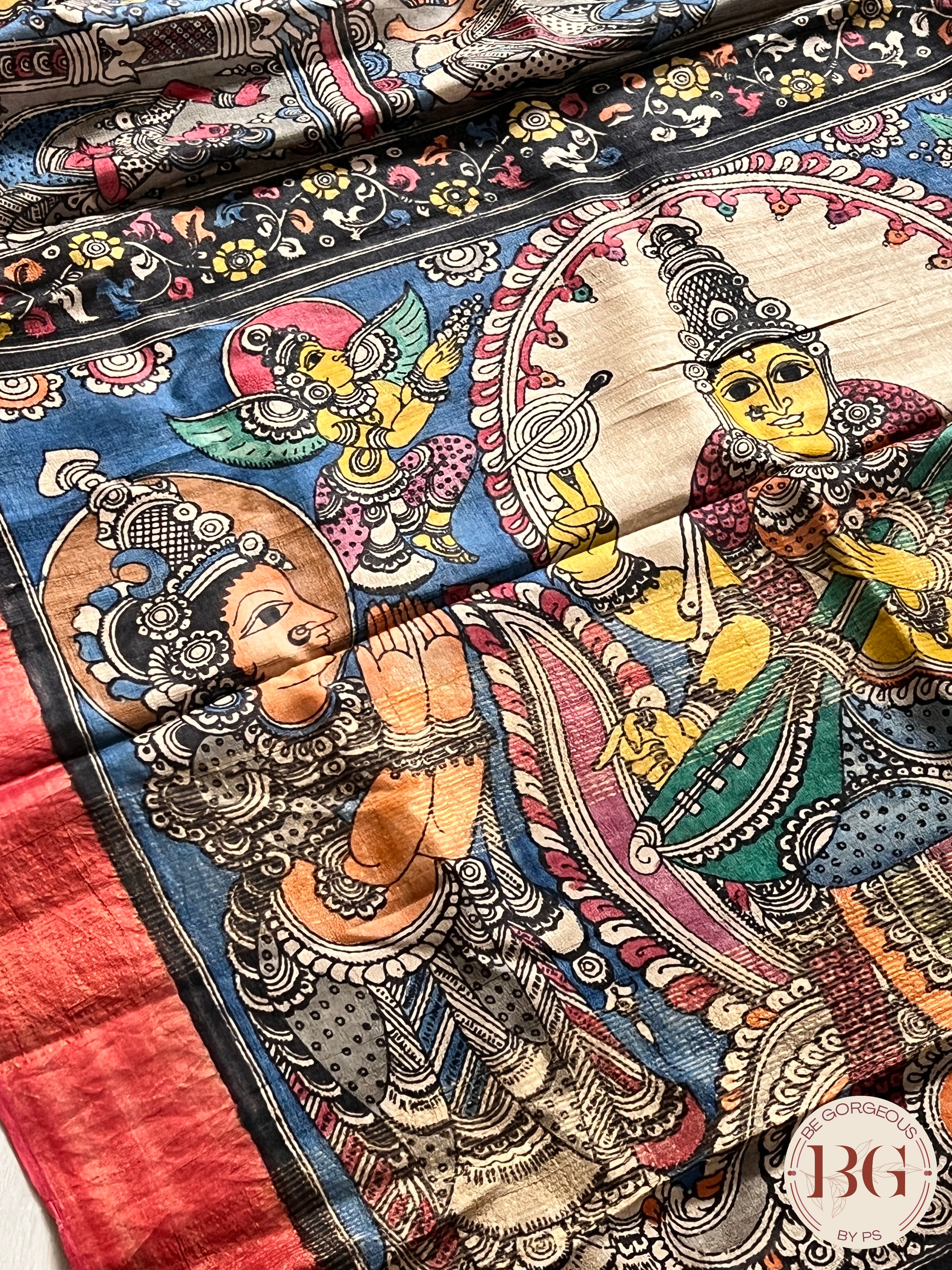 Pen Kalamkari on tussar - Blue saree