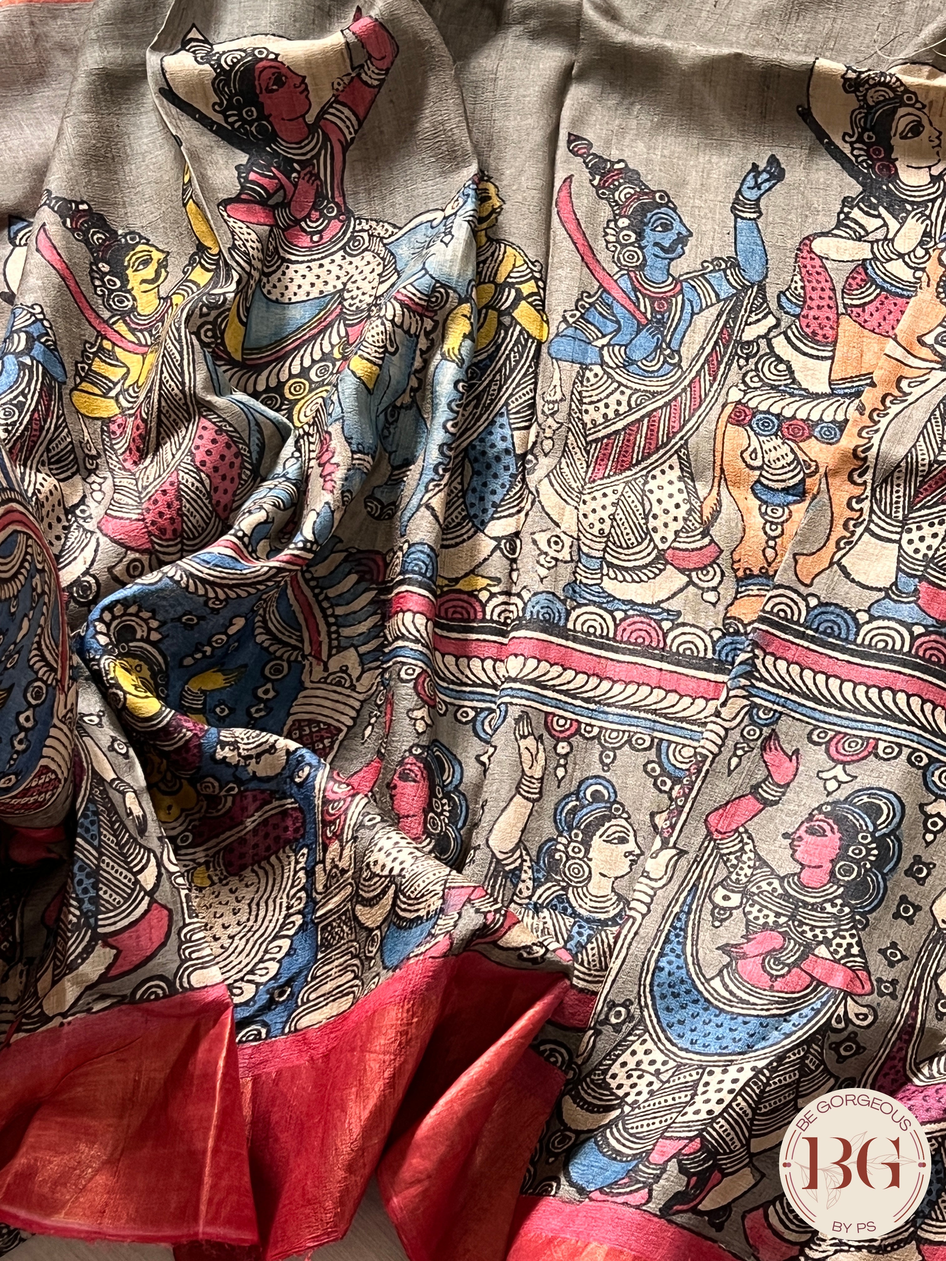 Pen Kalamkari on tussar - Blue saree