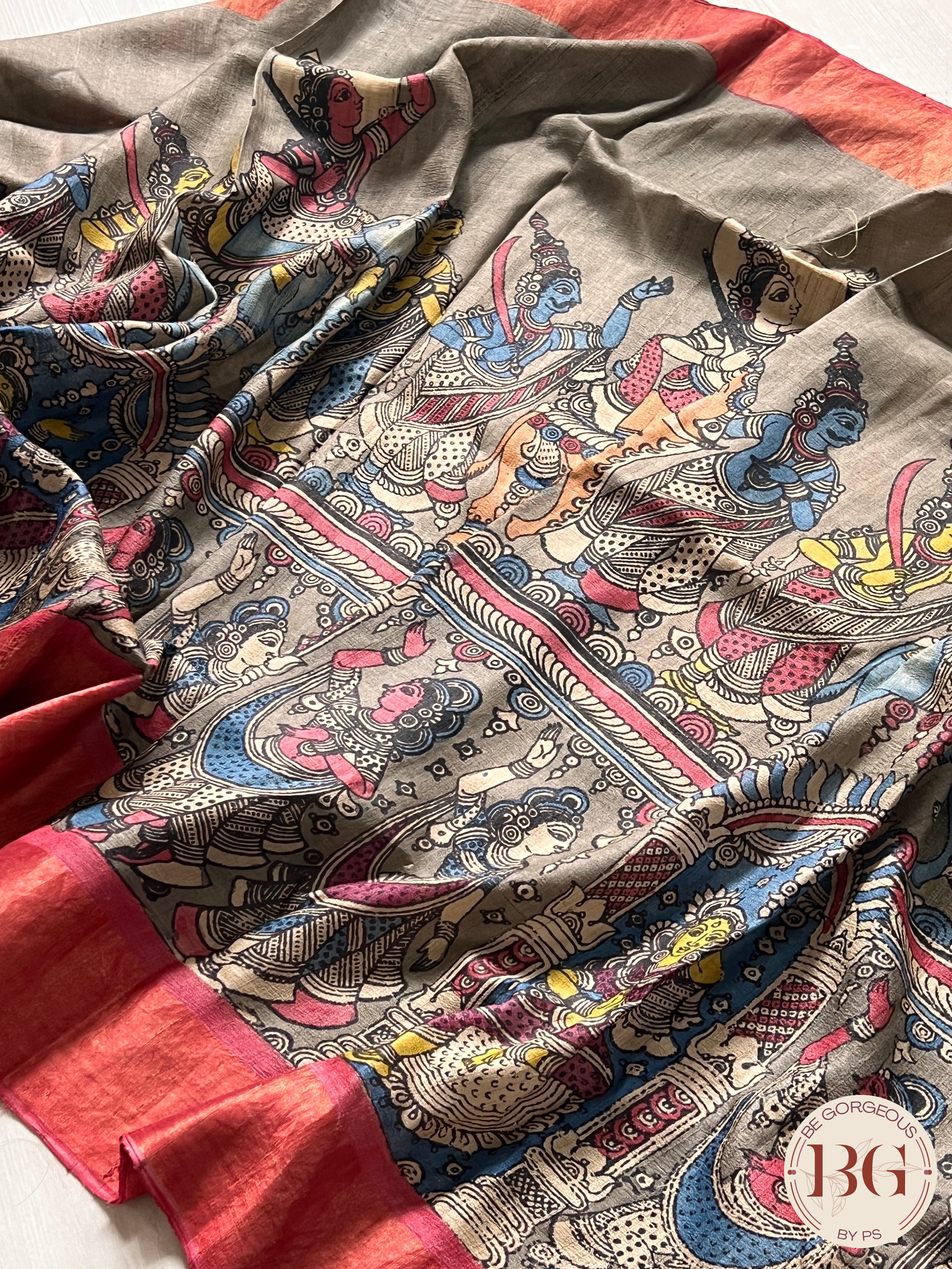 Pen Kalamkari on tussar - Blue saree