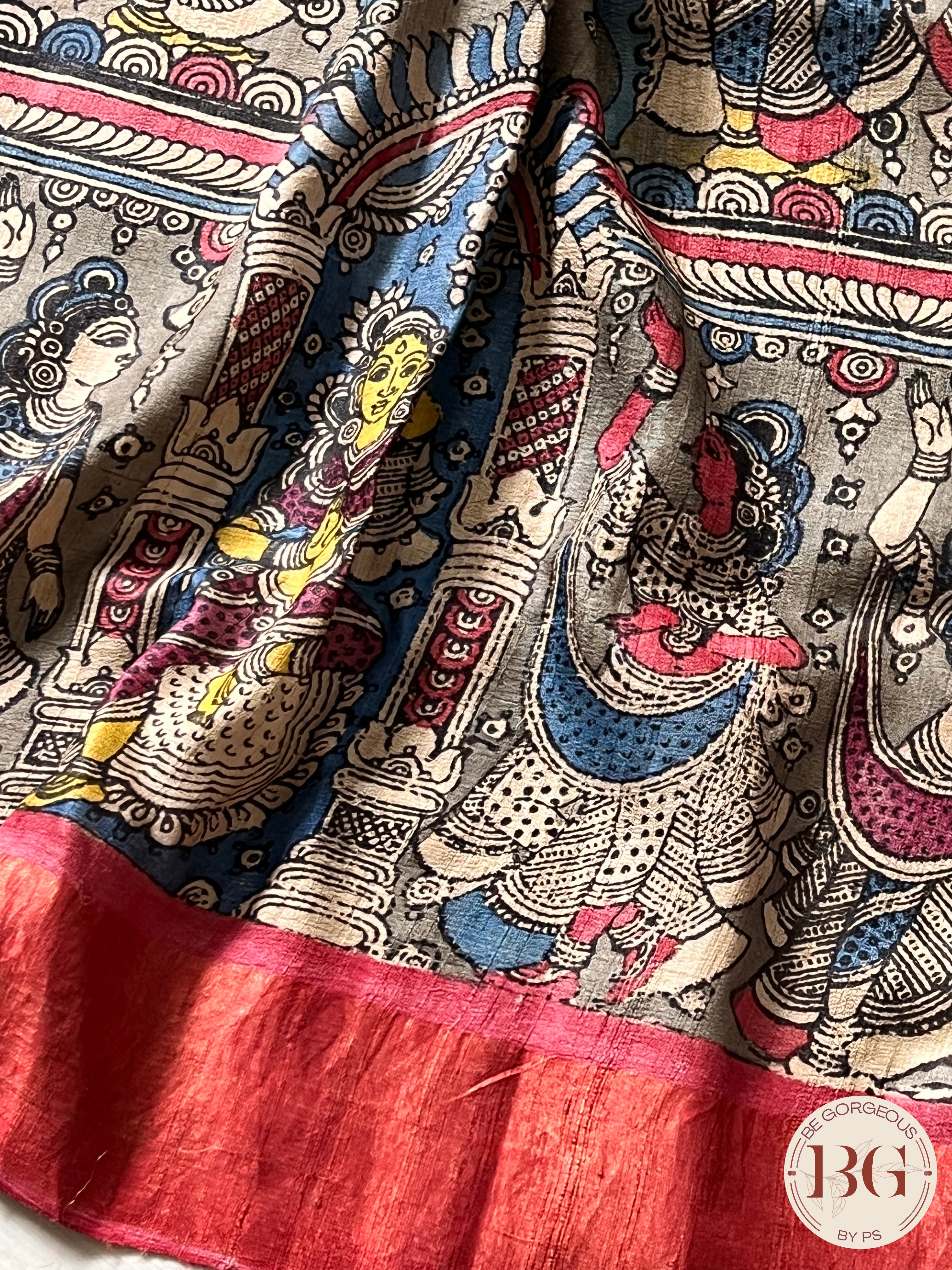 Pen Kalamkari on tussar - Blue saree