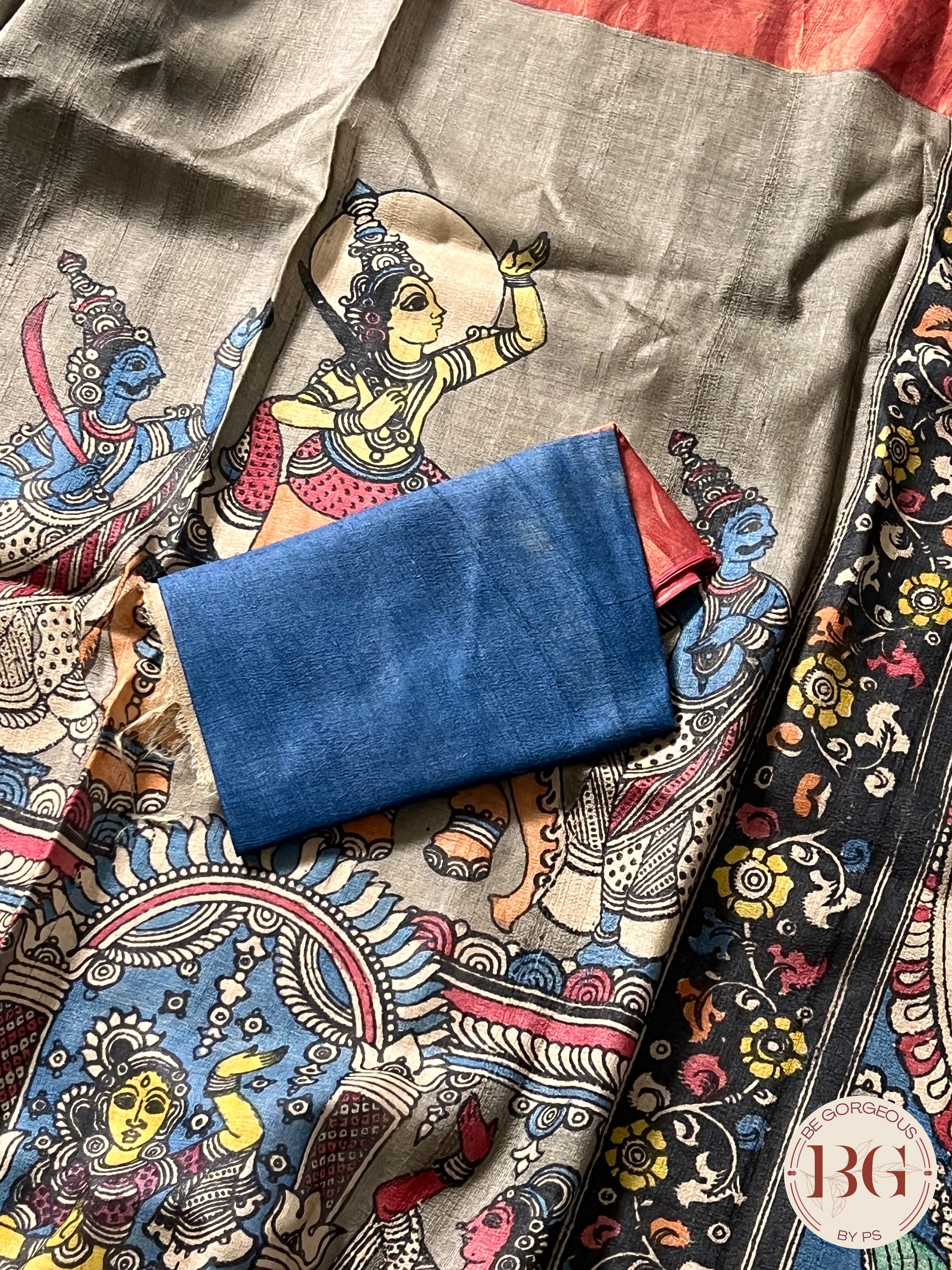 Pen Kalamkari on tussar - Blue saree