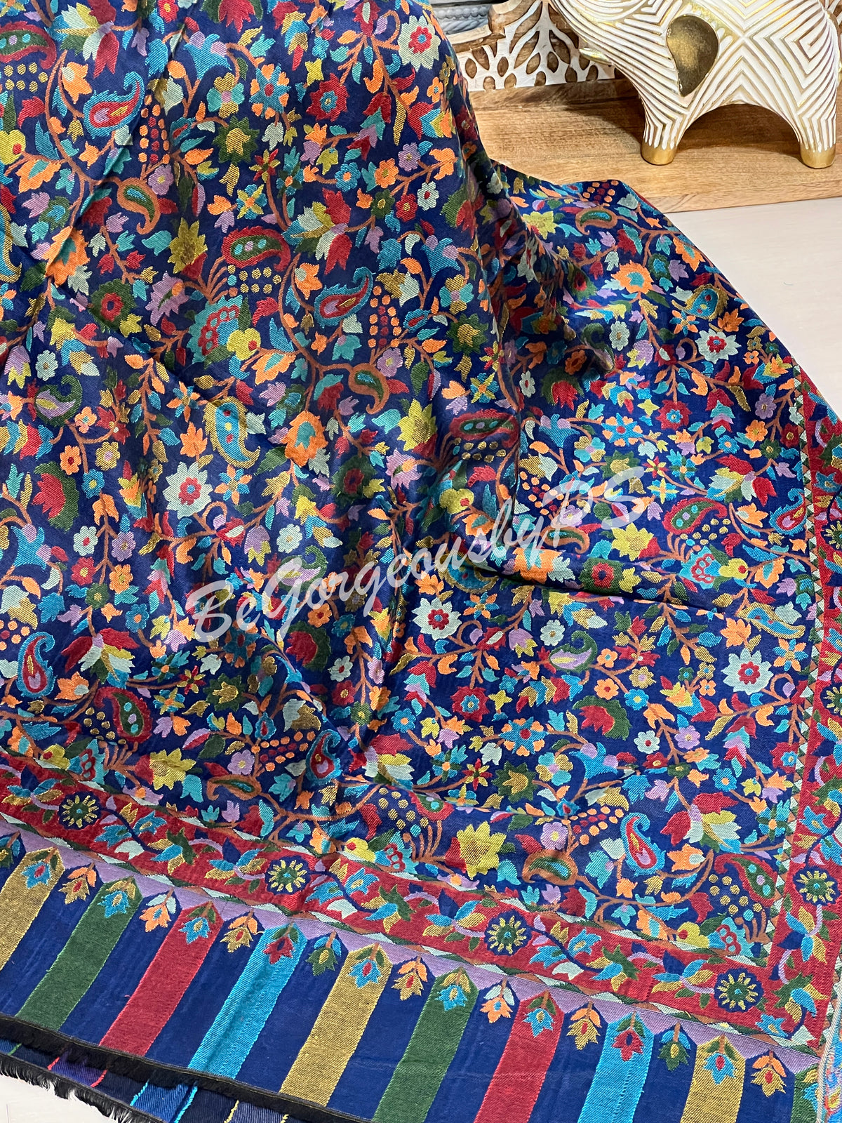 Kahmiri Embroidery Shawl on pure wool Blue