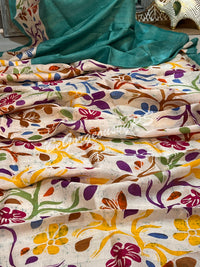 MURSHIDABAD BATIK PRINTED SEA GEEN FLOWERS SAREE